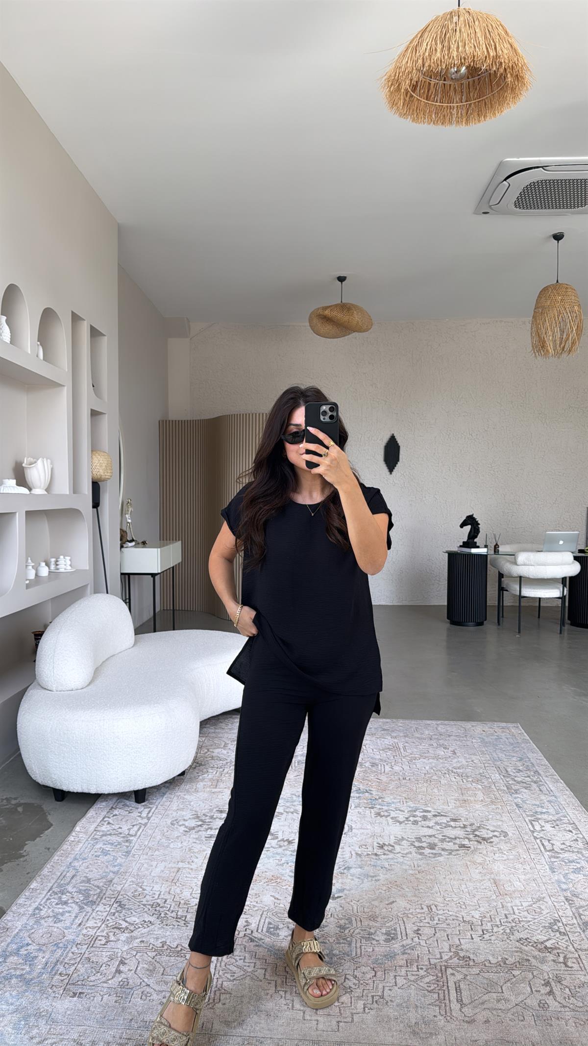 Siyah Paça Pensli Pantolon Bluz Takım