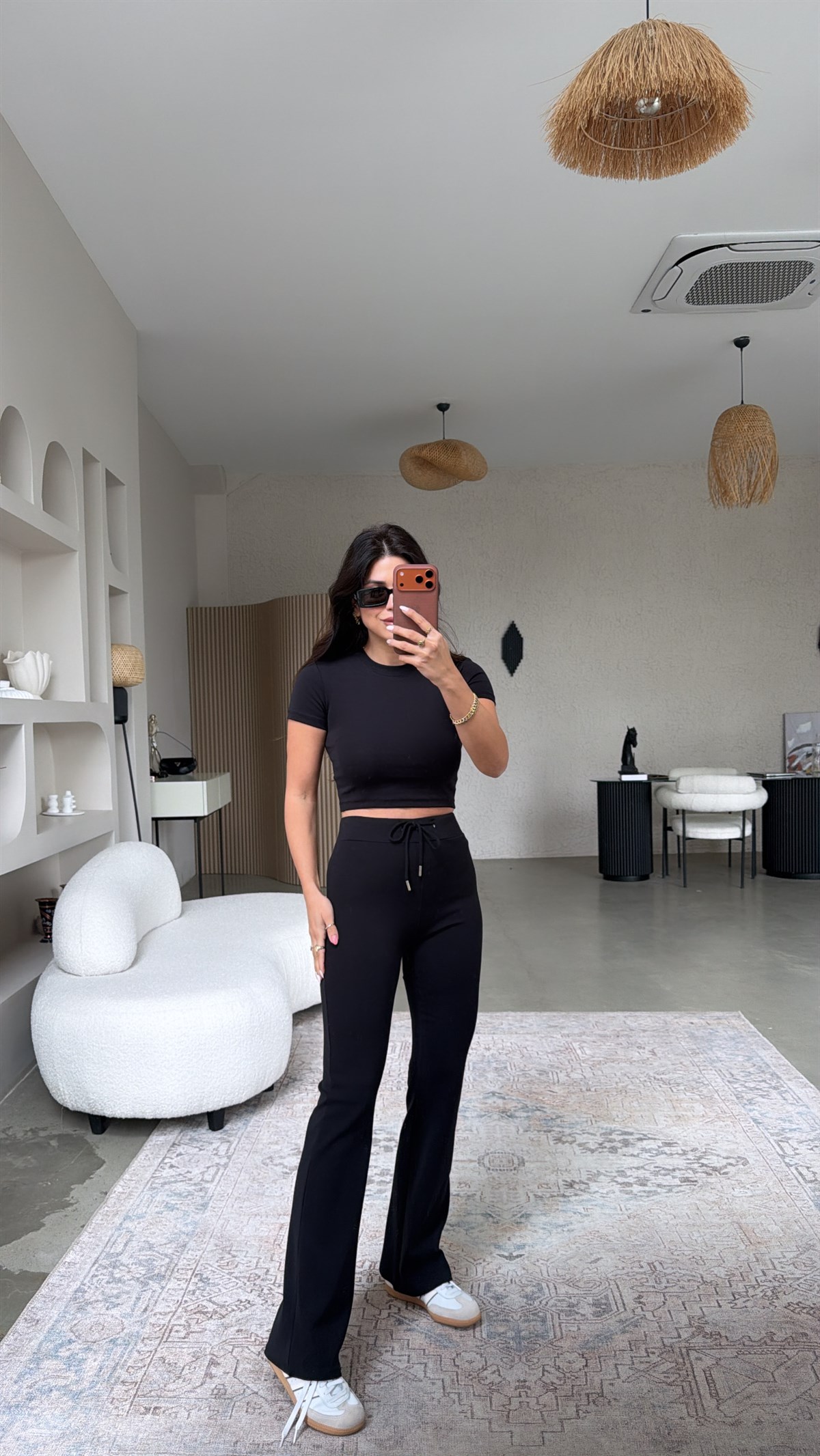 Siyah Pamuklu Tayt Crop Takım