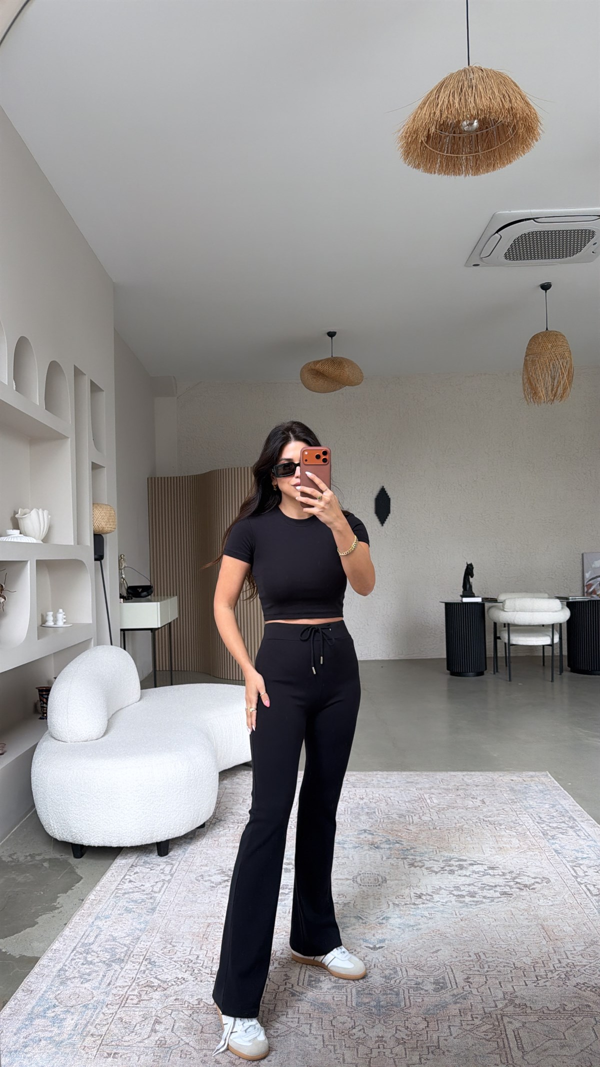 Siyah Pamuklu Tayt Crop Takım