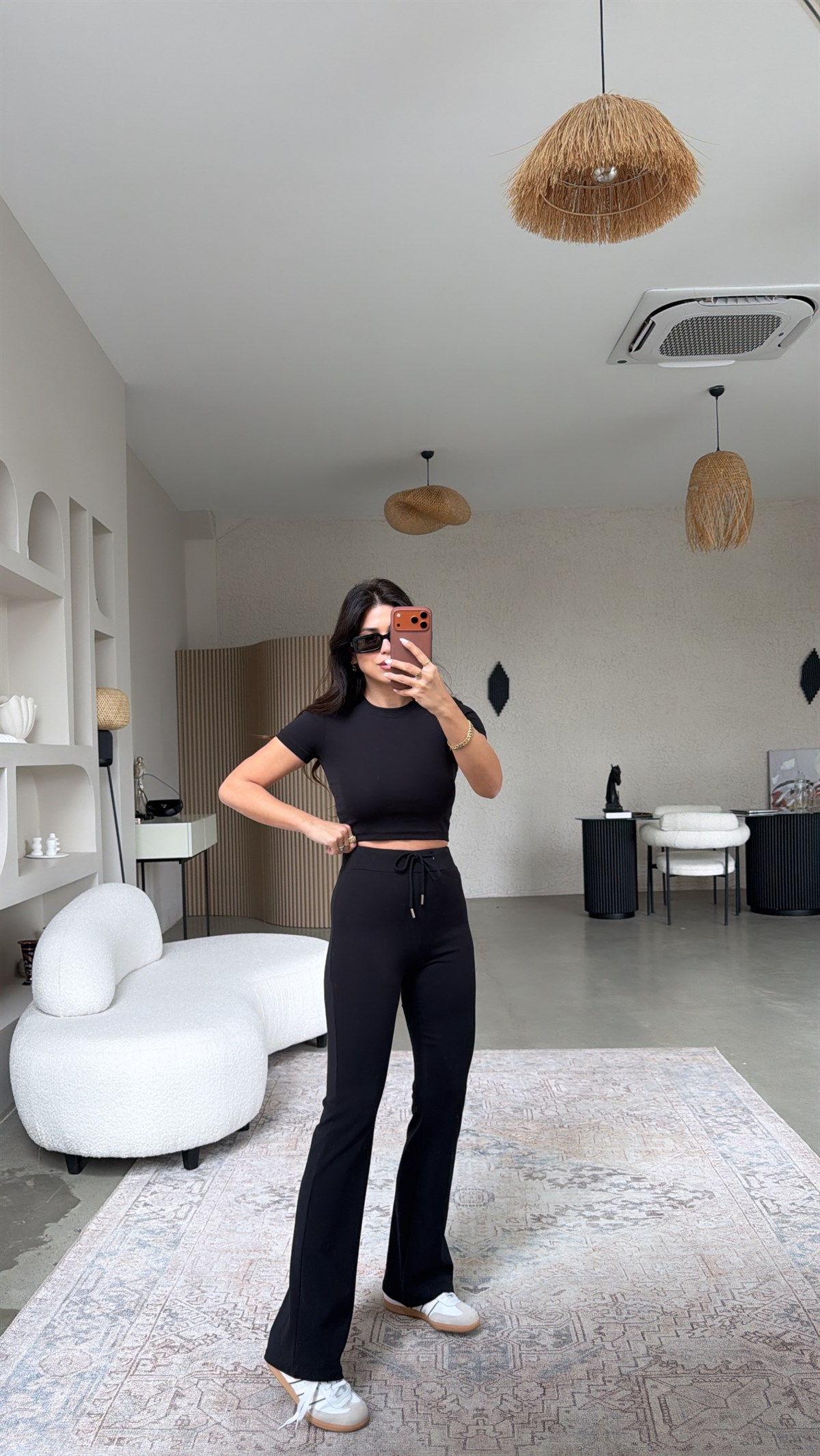 Siyah Pamuklu Tayt Crop Takım