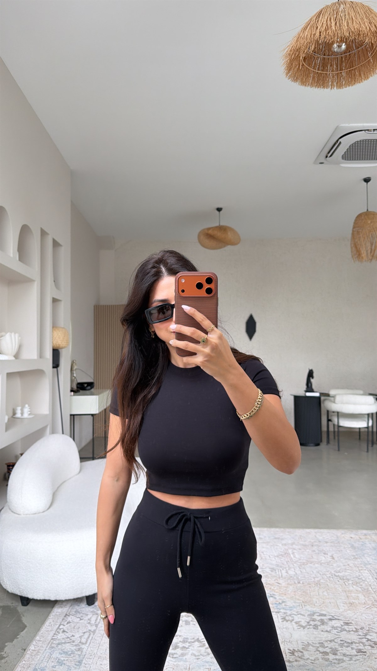 Siyah Pamuklu Tayt Crop Takım