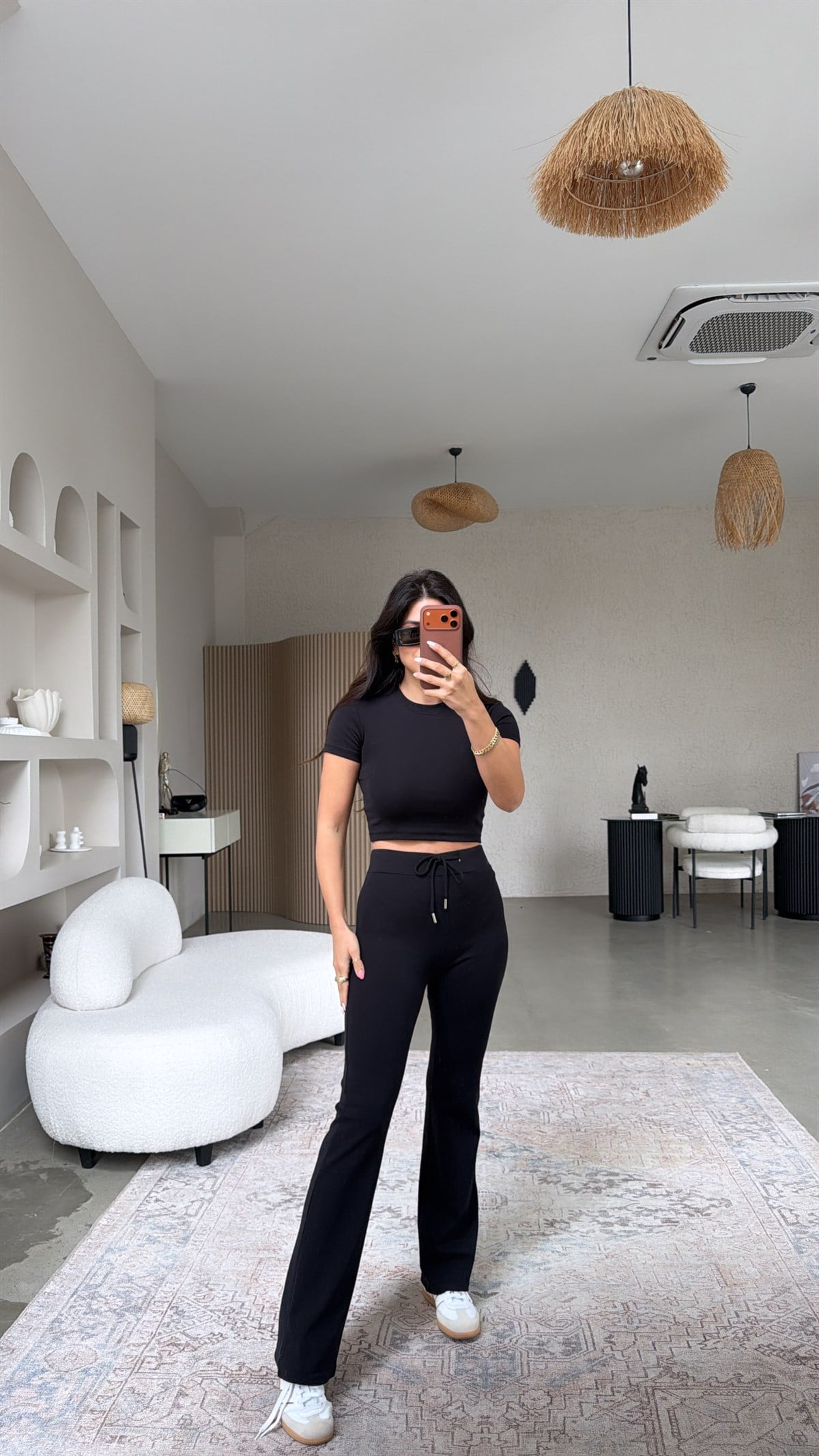 Siyah Pamuklu Tayt Crop Takım