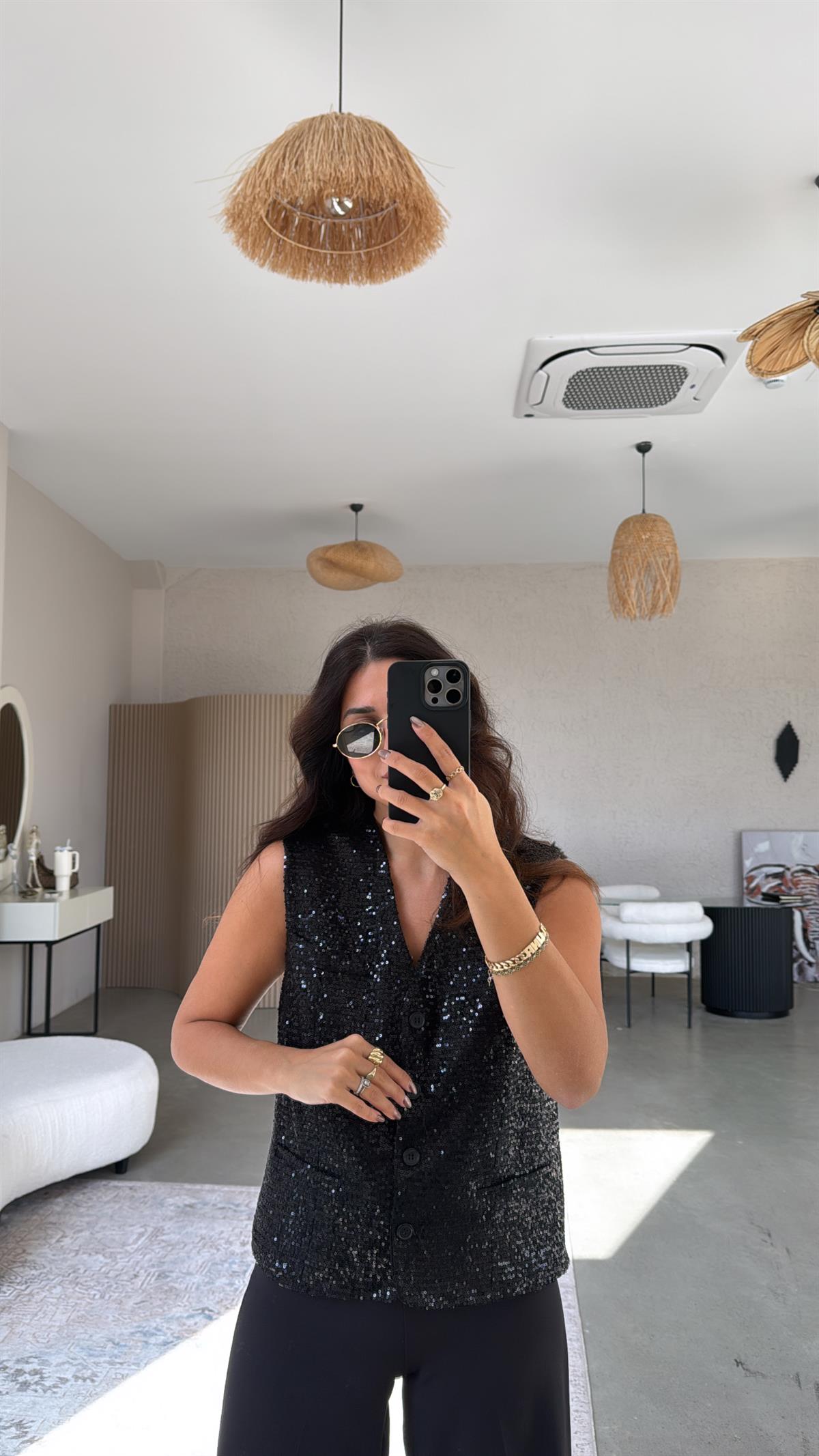 Siyah Payetli Premium Astarlı Yelek