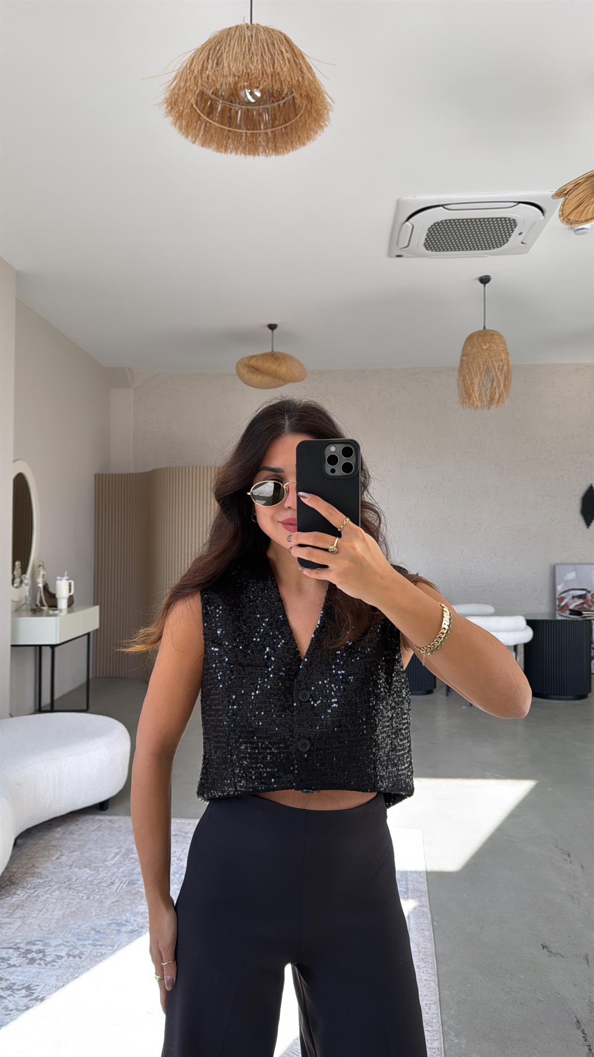 Siyah Payetli Premium Astarlı Yelek