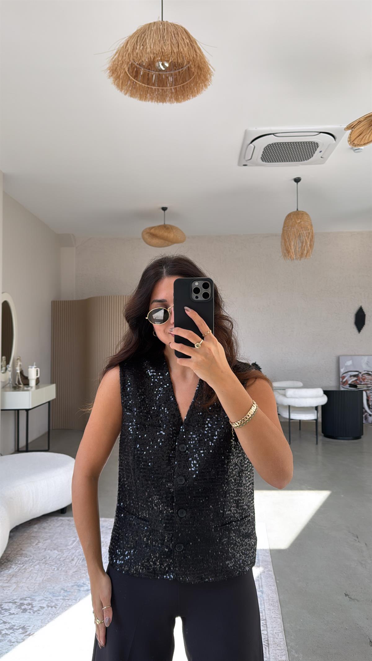 Siyah Payetli Premium Astarlı Yelek