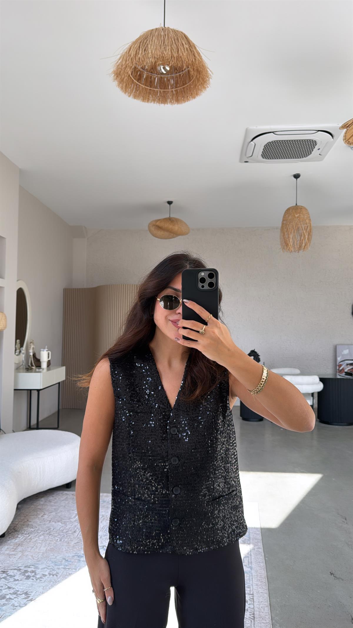 Siyah Payetli Premium Astarlı Yelek