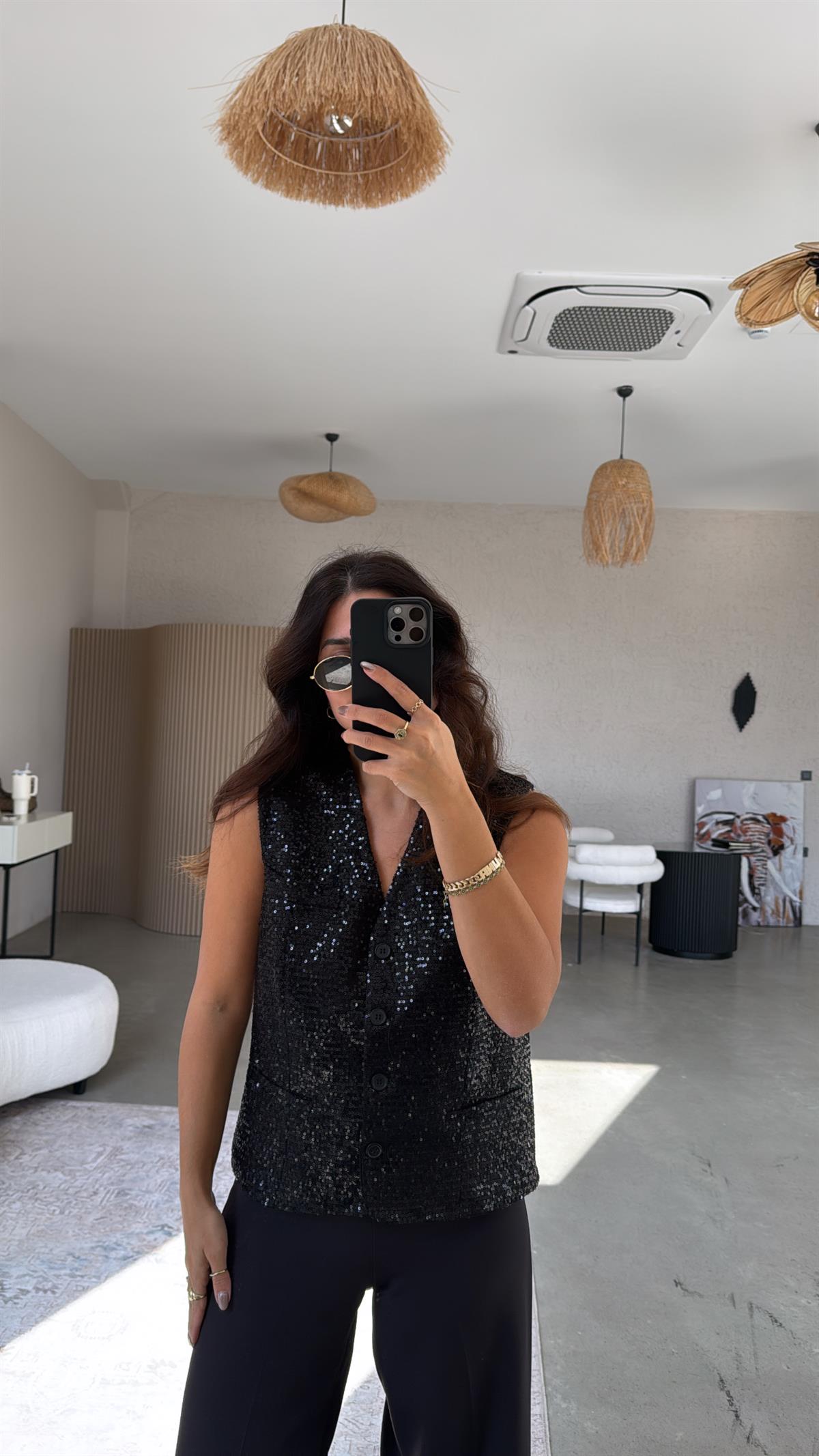 Siyah Payetli Premium Astarlı Yelek