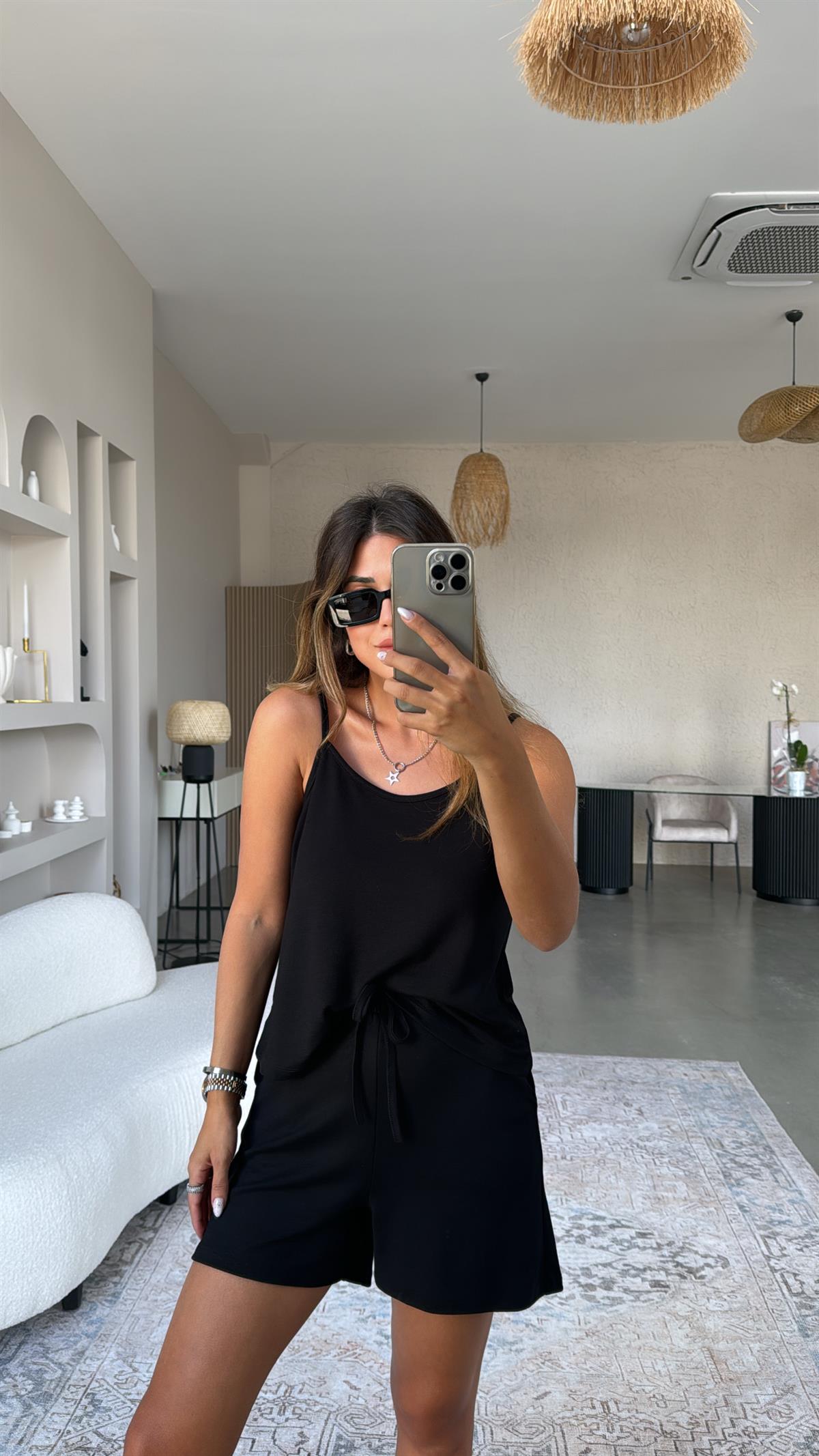 Siyah Pike Modal Şort Bluz Takım