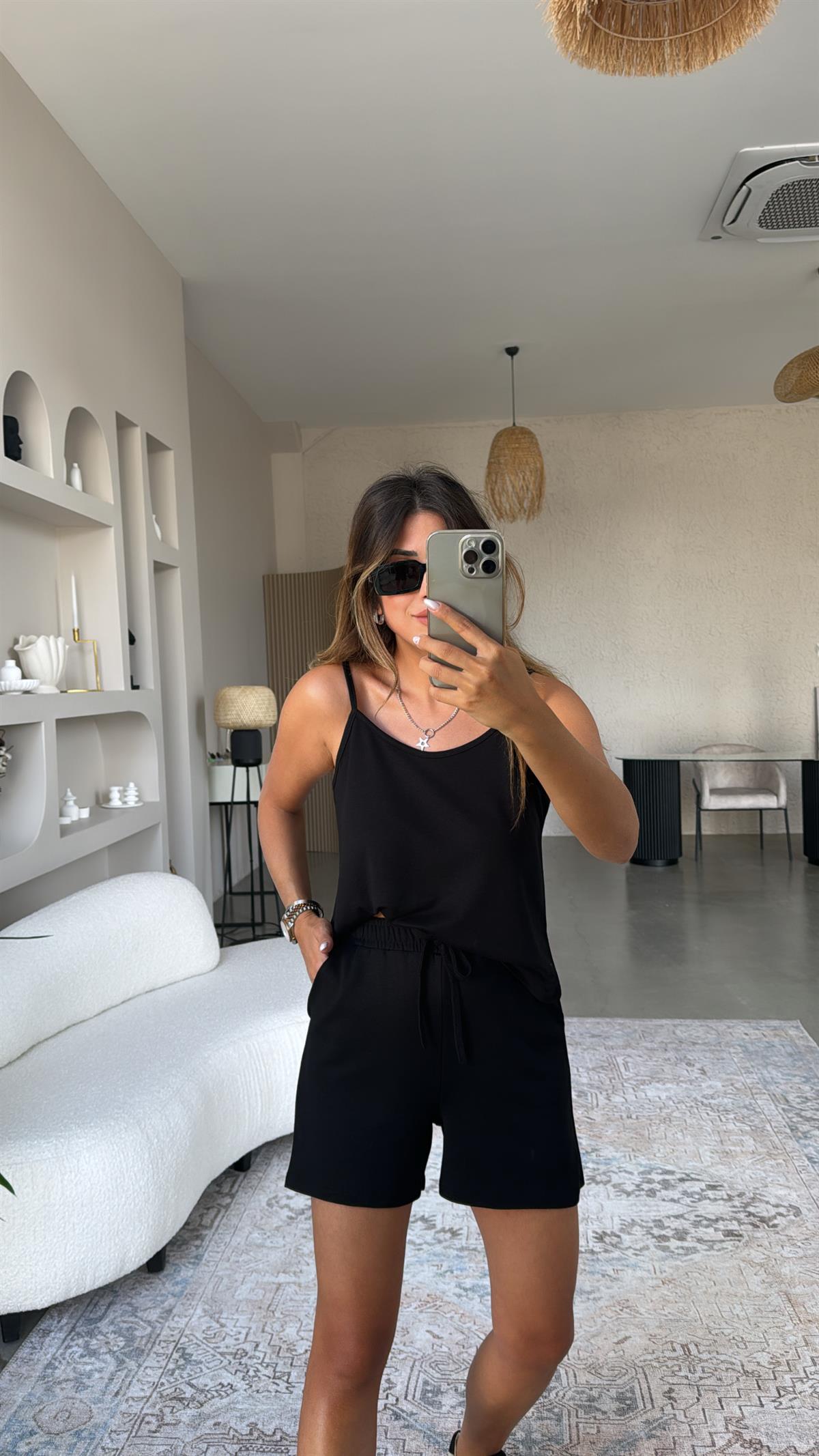 Siyah Pike Modal Şort Bluz Takım