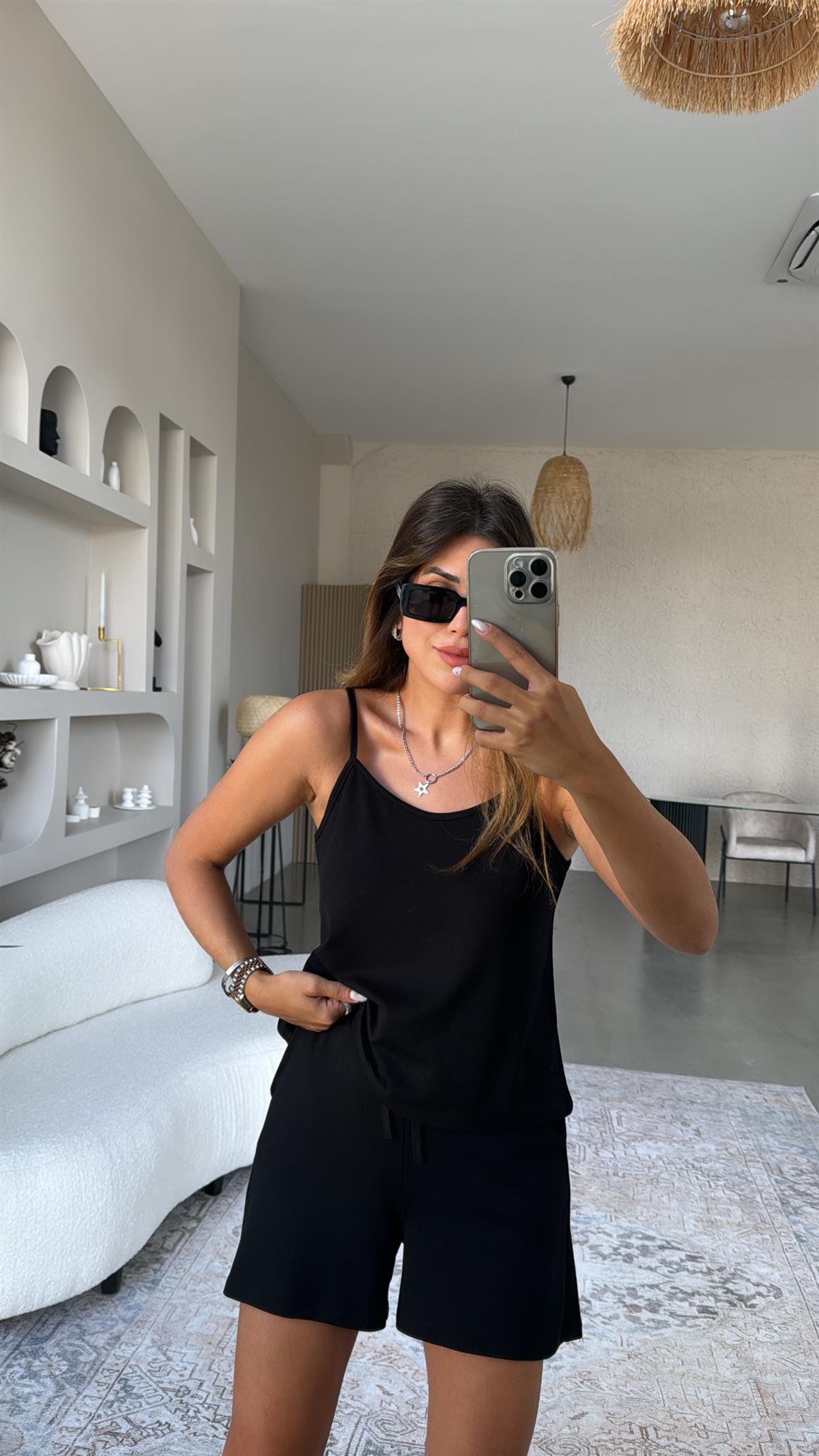 Siyah Pike Modal Şort Bluz Takım