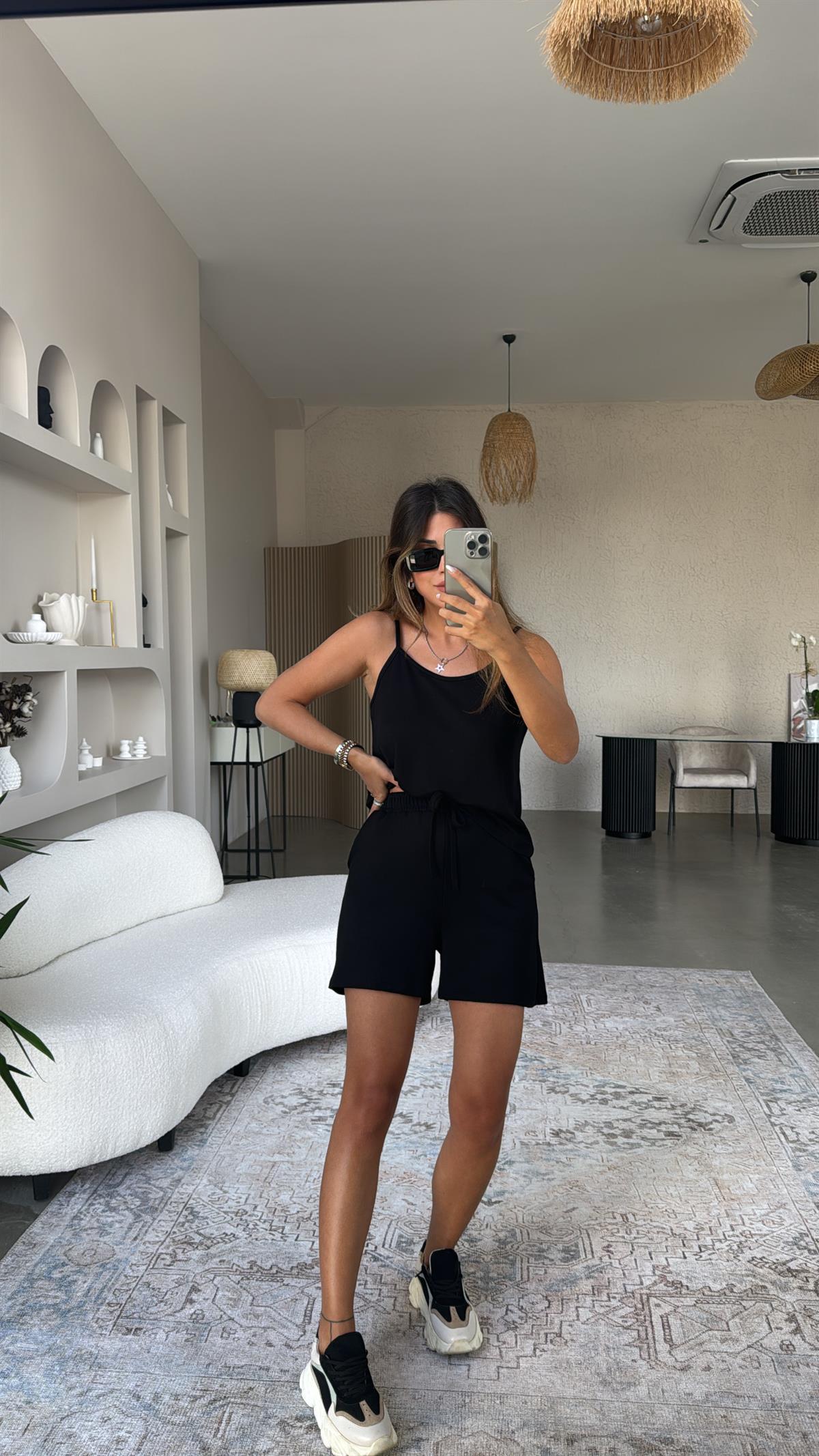 Siyah Pike Modal Şort Bluz Takım