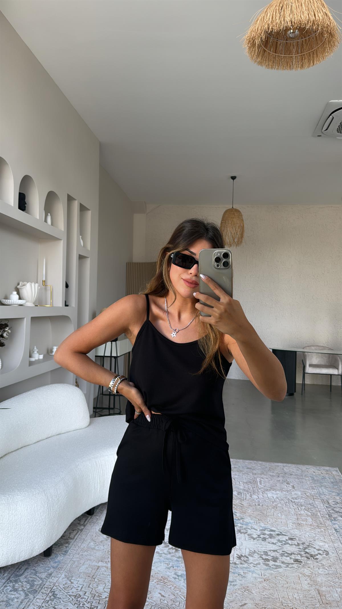 Siyah Pike Modal Şort Bluz Takım