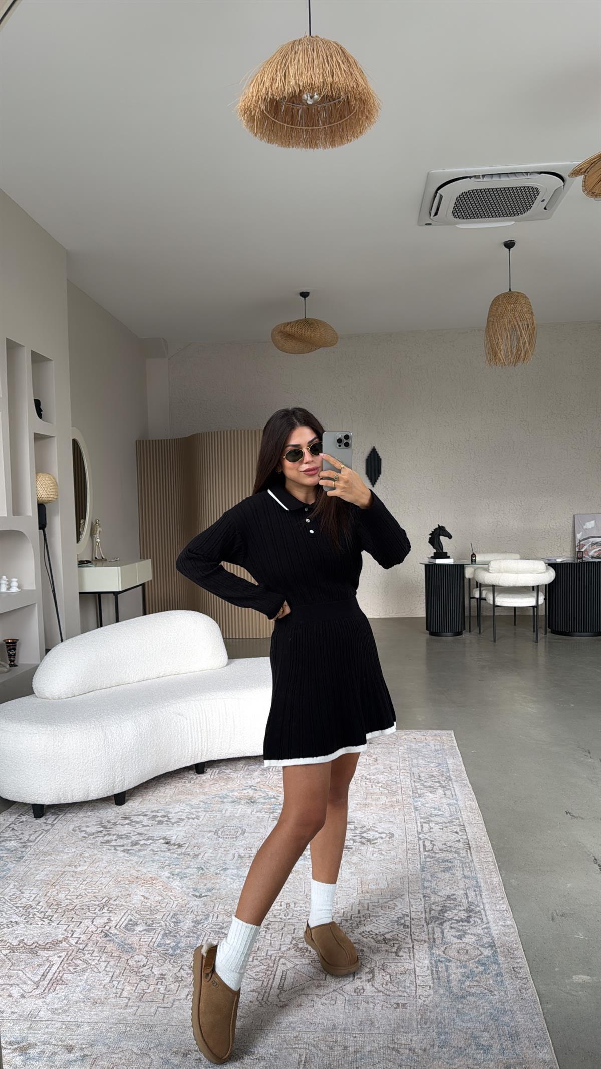 Siyah Polo Yaka Biyeli Etekli Takım