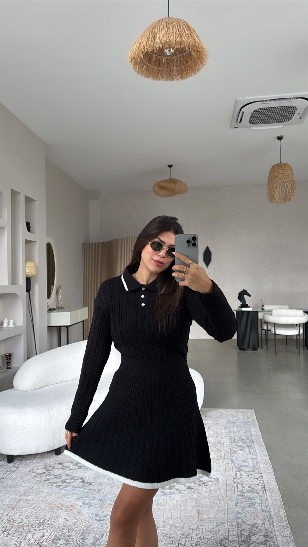 Siyah Polo Yaka Biyeli Etekli Takım