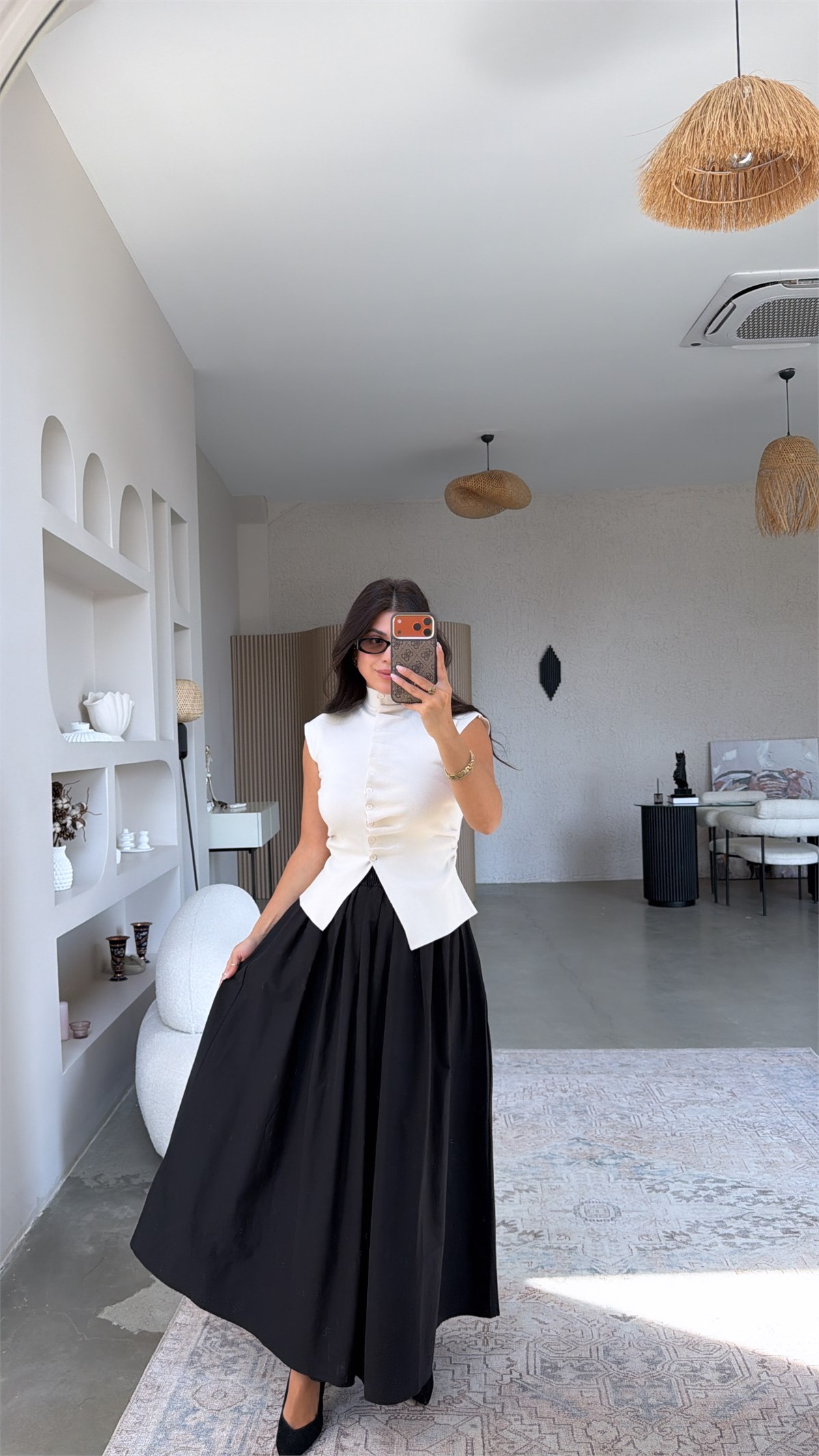 Siyah Poplin Maxi Beli Lastikli Etek