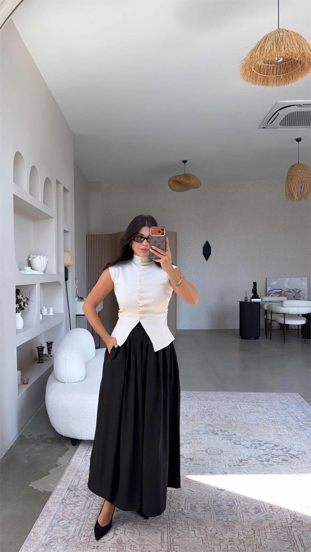 Siyah Poplin Maxi Beli Lastikli Etek