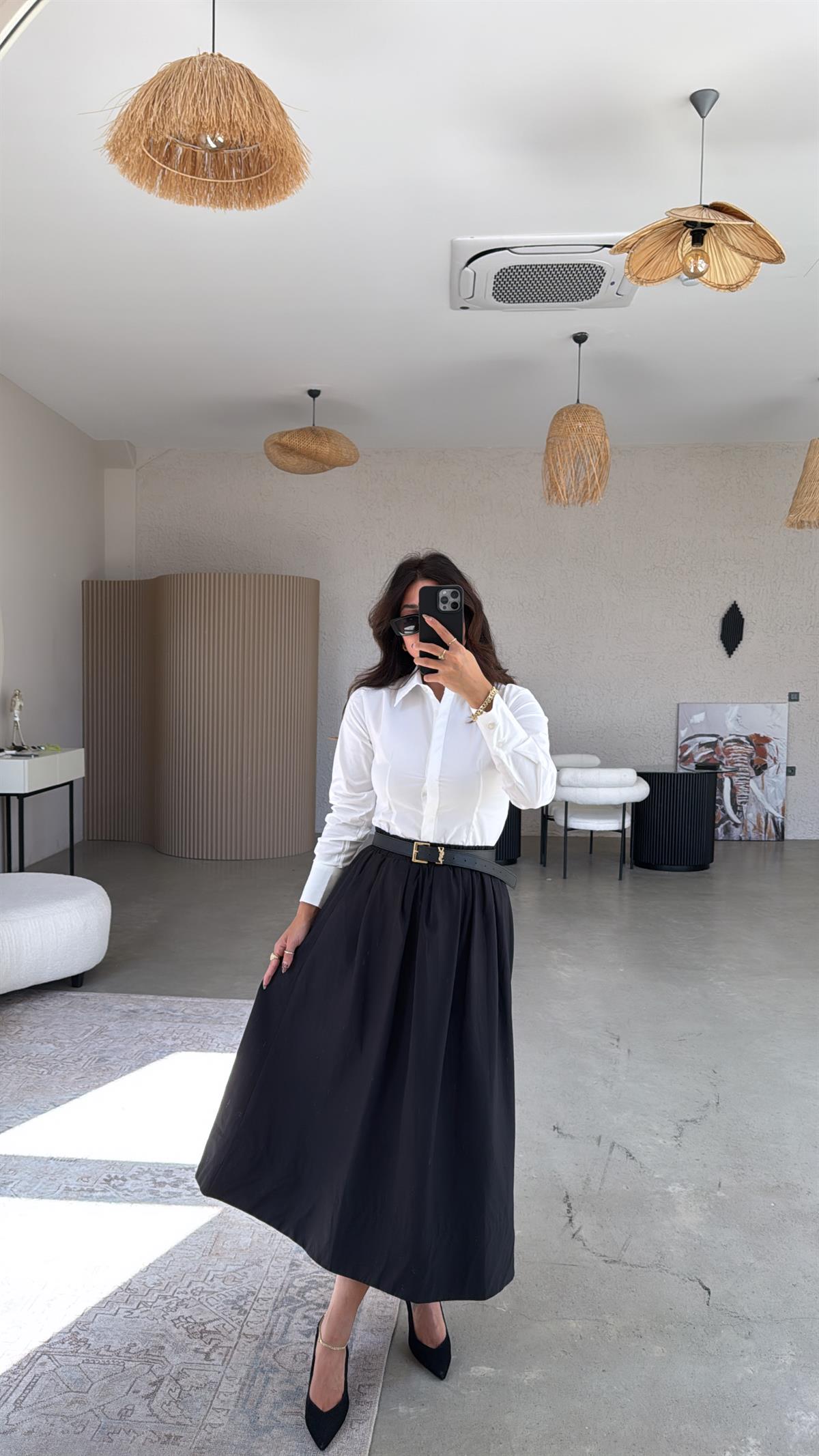 Siyah Poplin Midi Etek