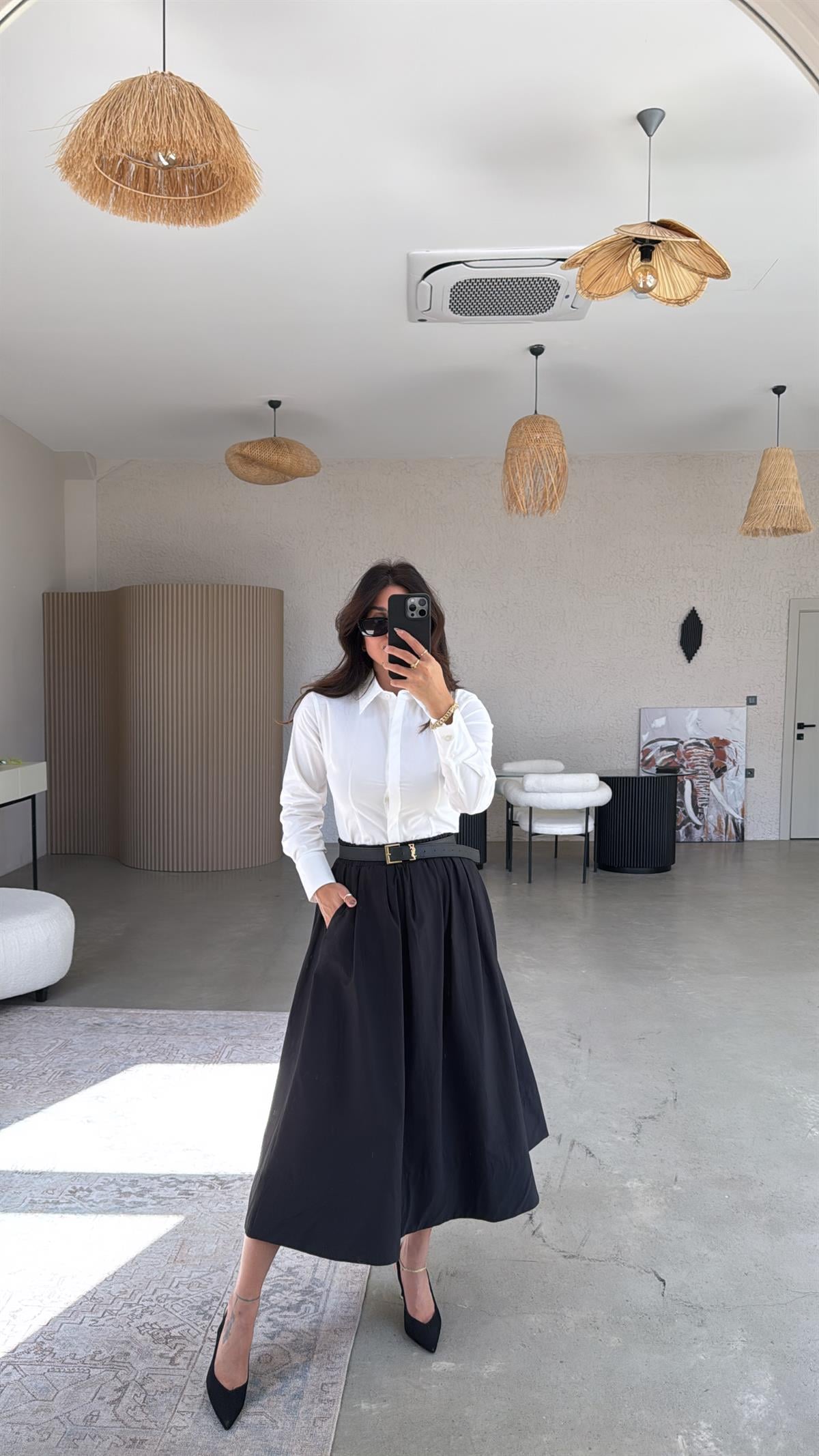 Siyah Poplin Midi Etek