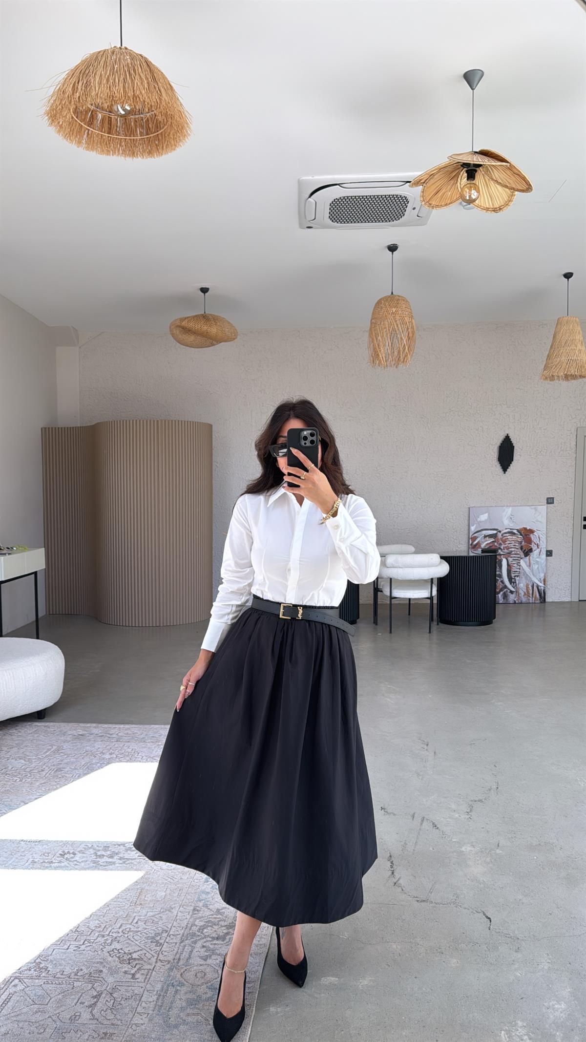 Siyah Poplin Midi Etek
