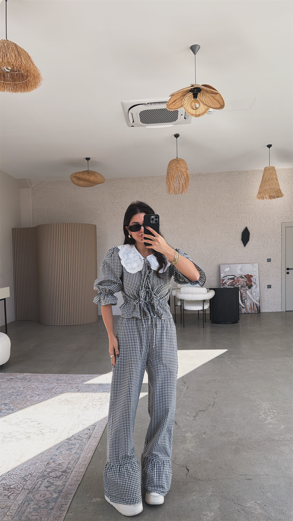 Siyah Pötikare Yakalı Pantolon Bluz Takım