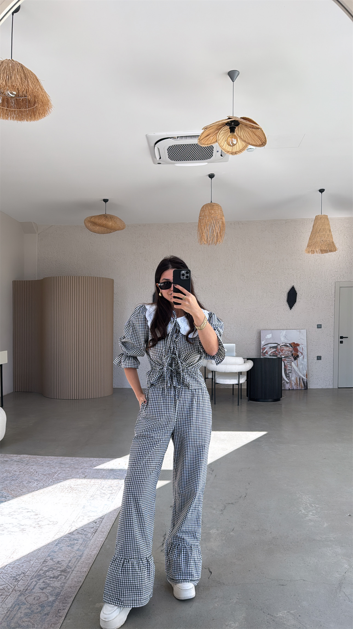 Siyah Pötikare Yakalı Pantolon Bluz Takım