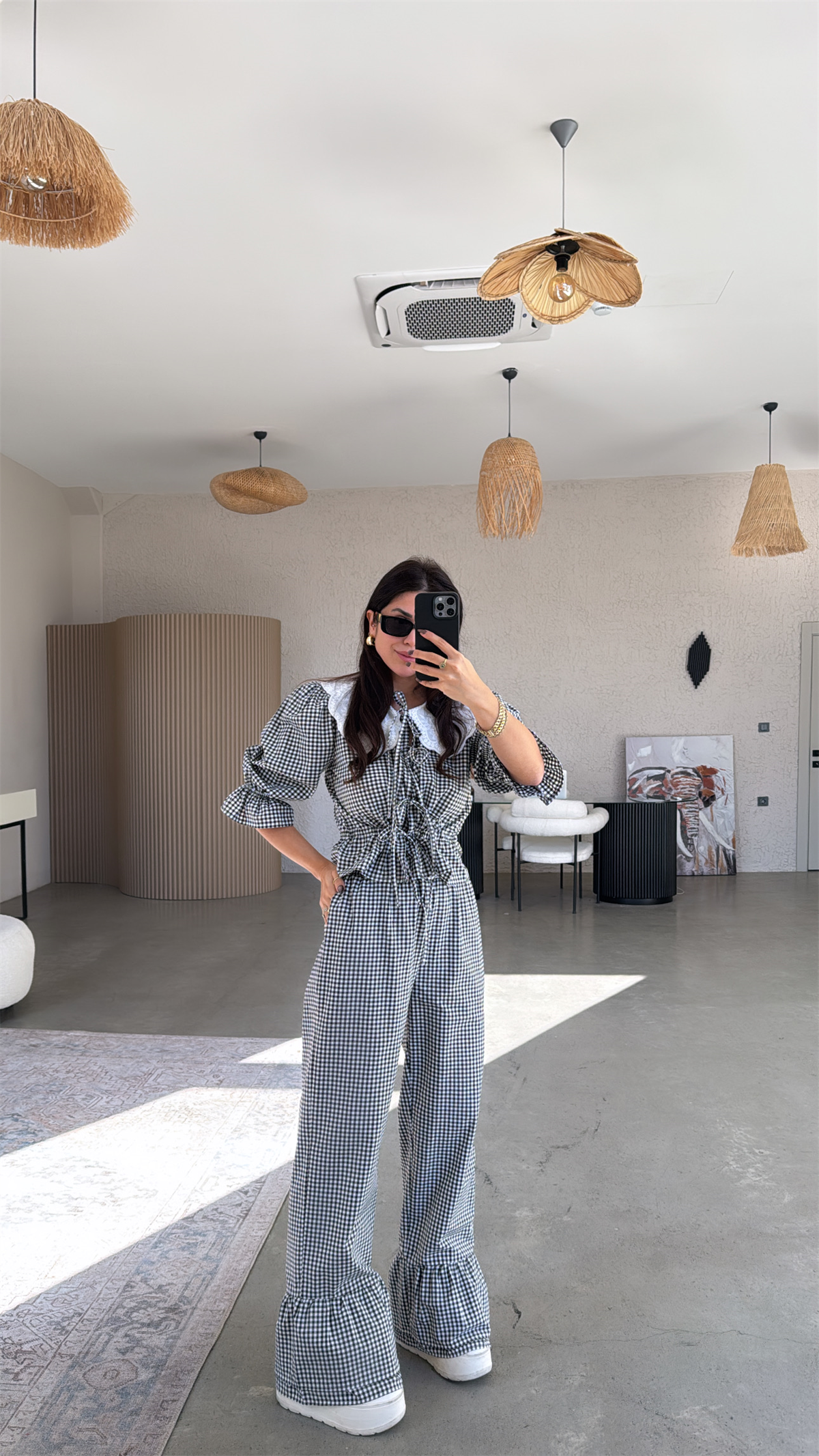 Siyah Pötikare Yakalı Pantolon Bluz Takım