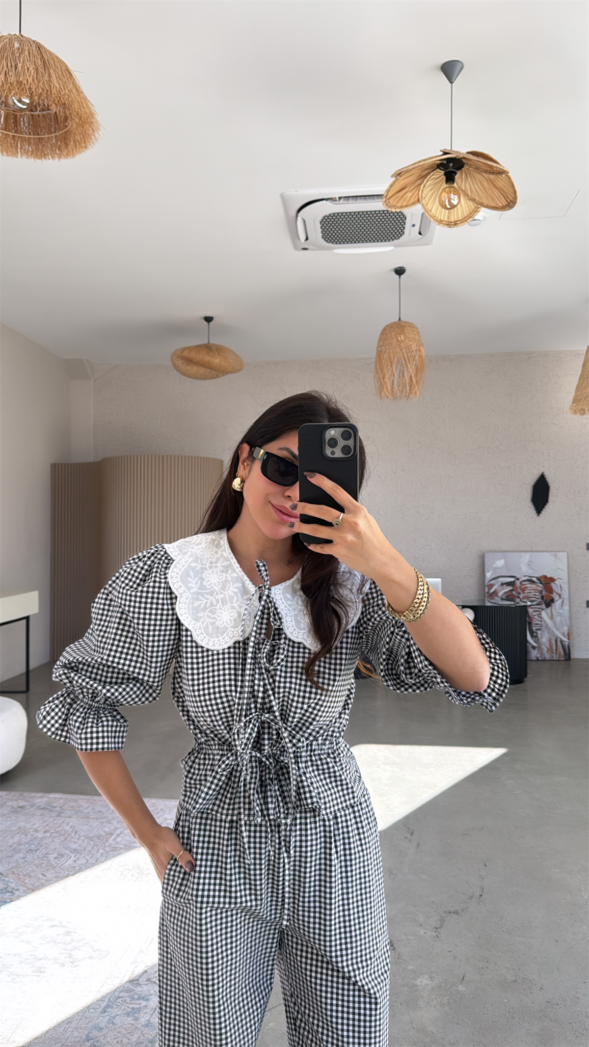 Siyah Pötikare Yakalı Pantolon Bluz Takım