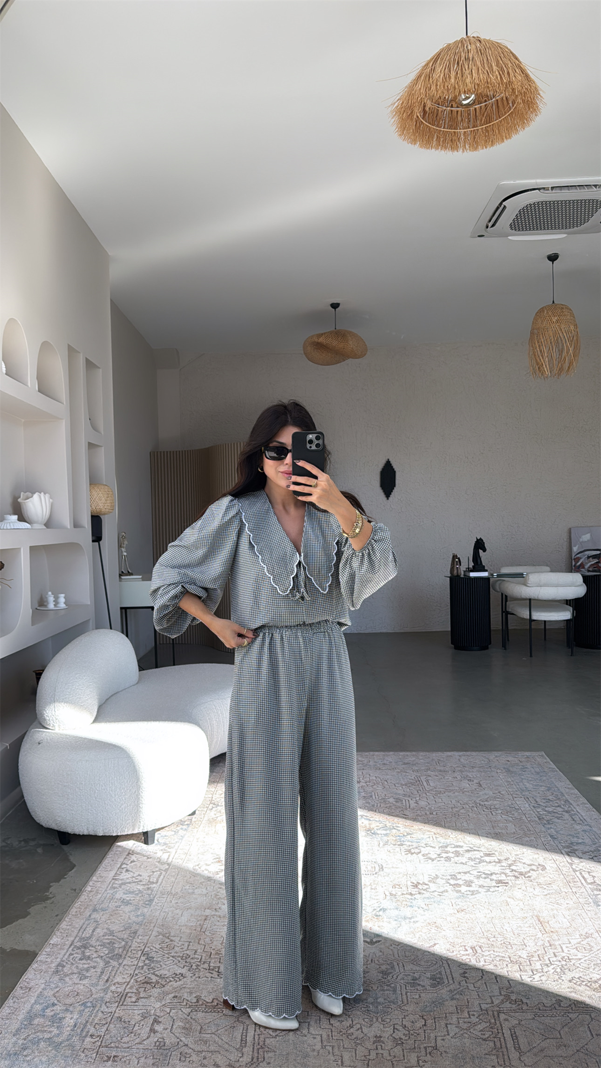 Siyah Pötikareli Romantik Pantolon Bluz Takım