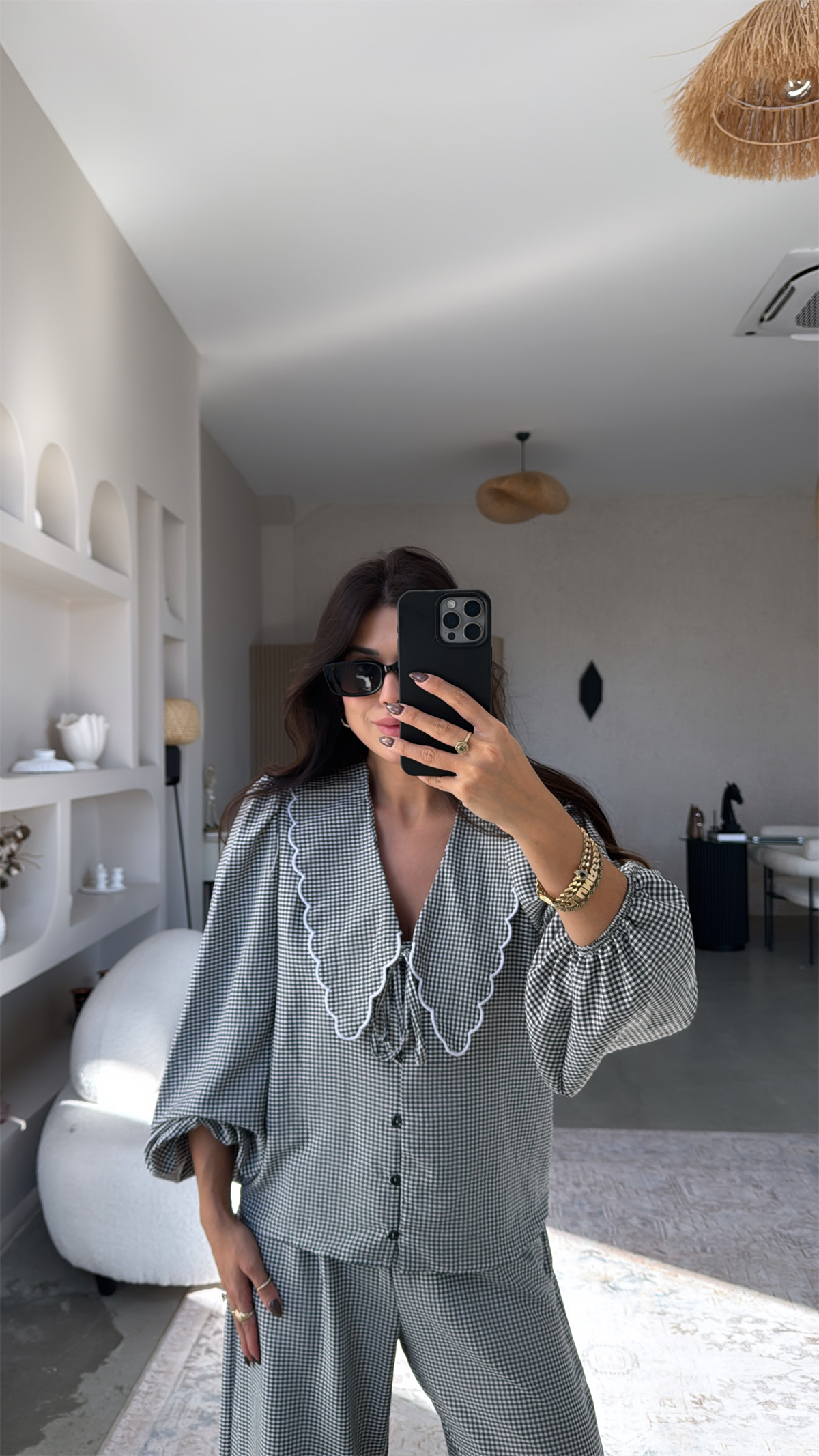 Siyah Pötikareli Romantik Pantolon Bluz Takım