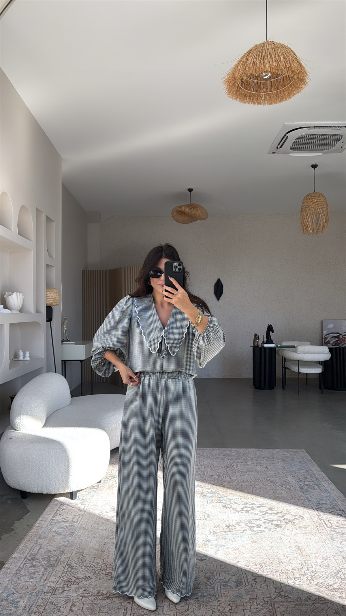 Siyah Pötikareli Romantik Pantolon Bluz Takım