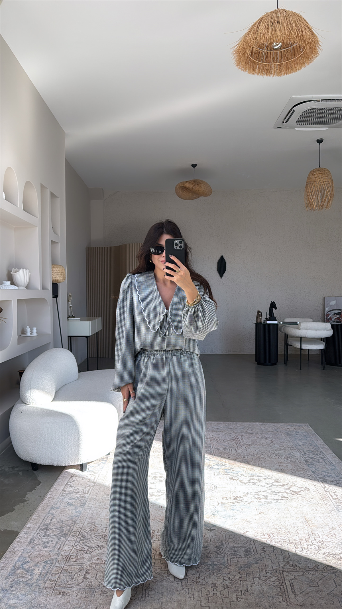 Siyah Pötikareli Romantik Pantolon Bluz Takım