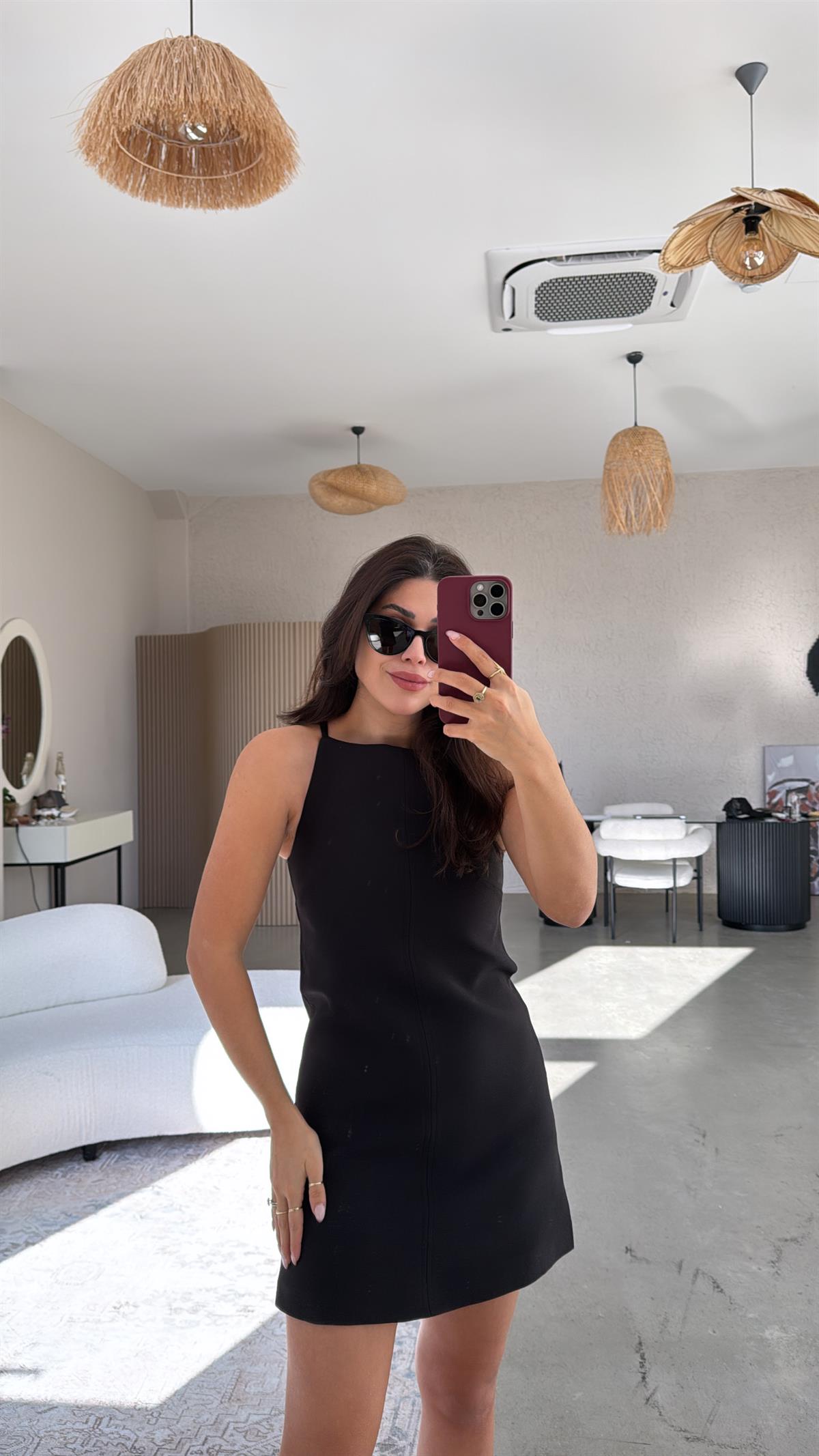 Siyah Premium Askılı Mini Elbise