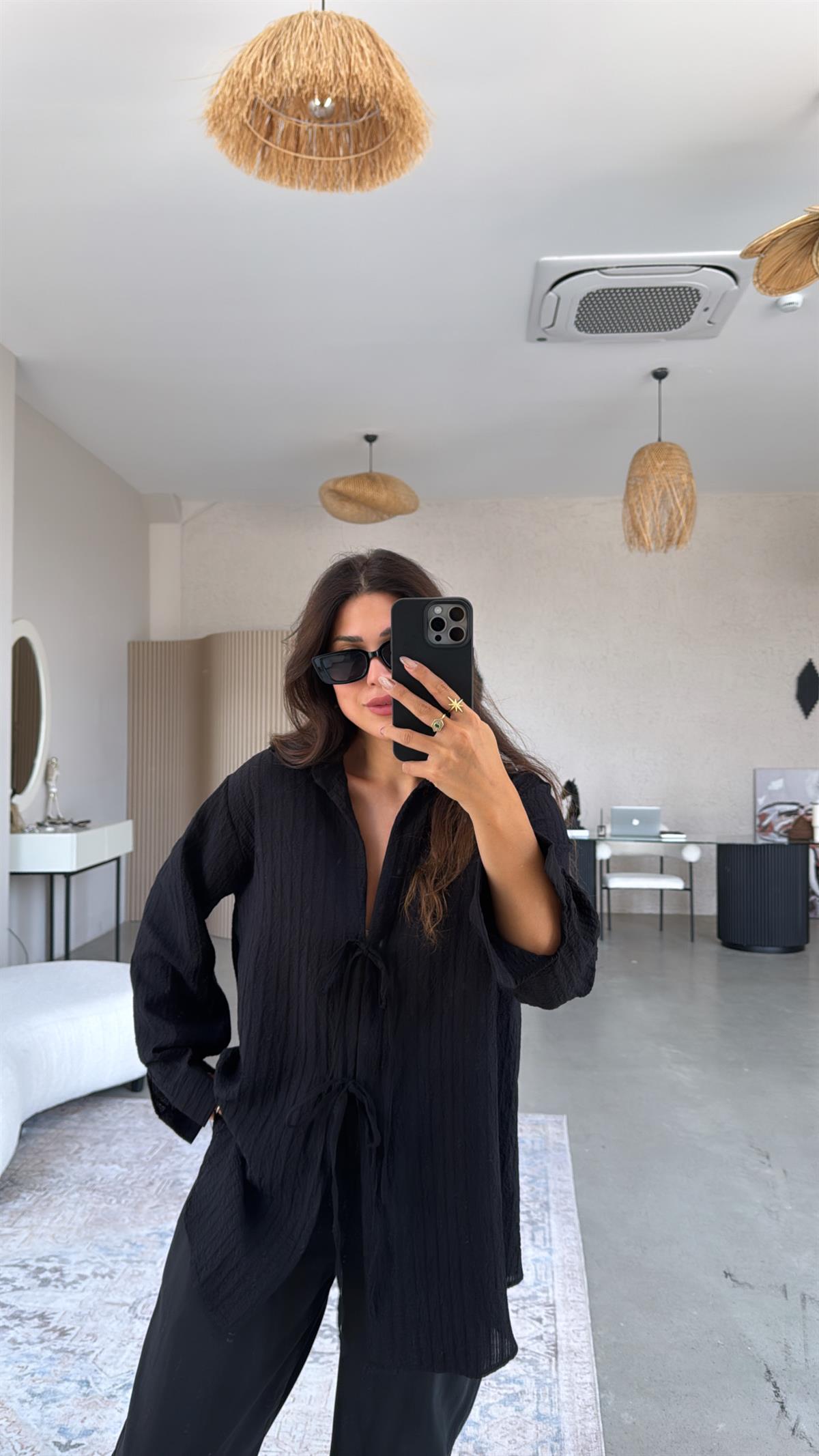 Siyah Premium Bağlamalı Gömlek Bluz