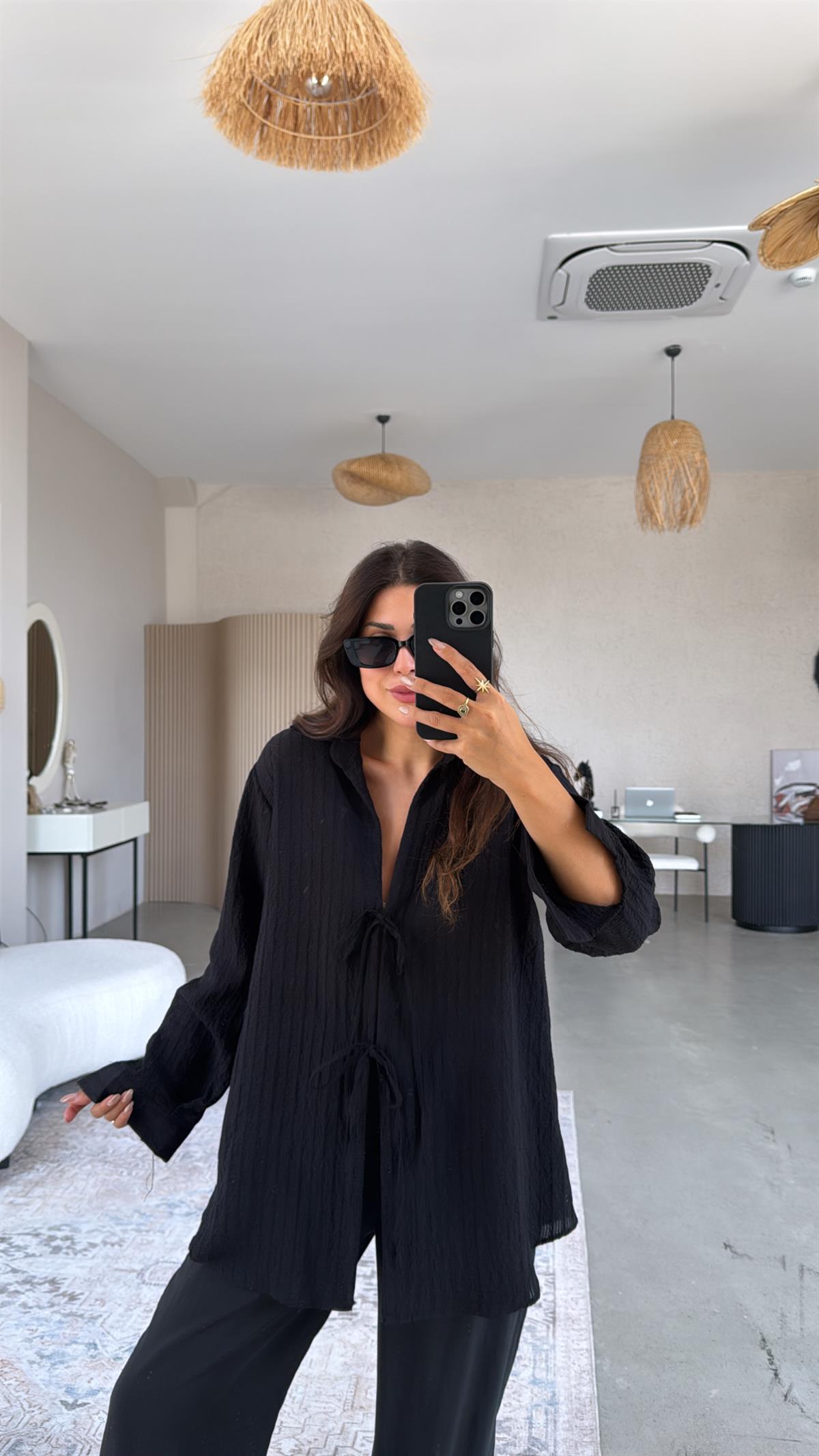 Siyah Premium Bağlamalı Gömlek Bluz