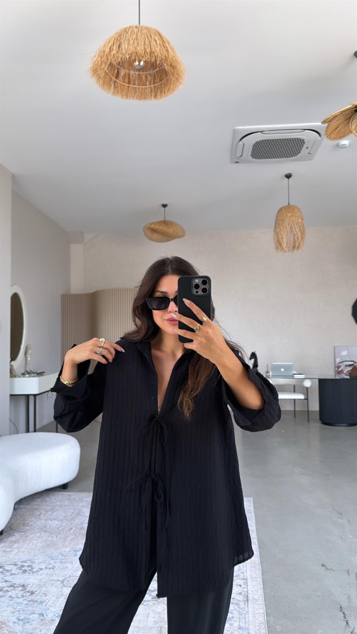 Siyah Premium Bağlamalı Gömlek Bluz