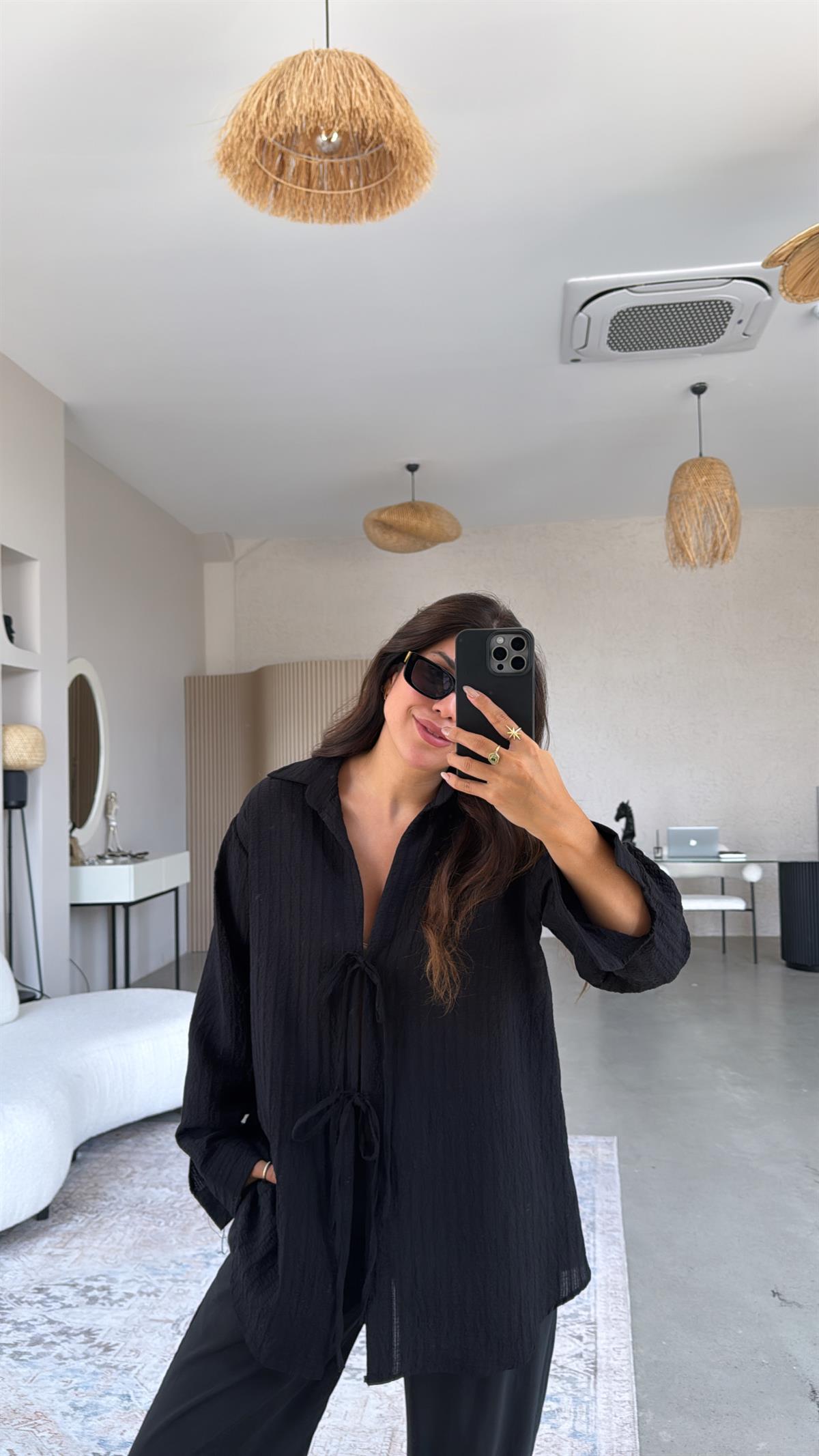 Siyah Premium Bağlamalı Gömlek Bluz