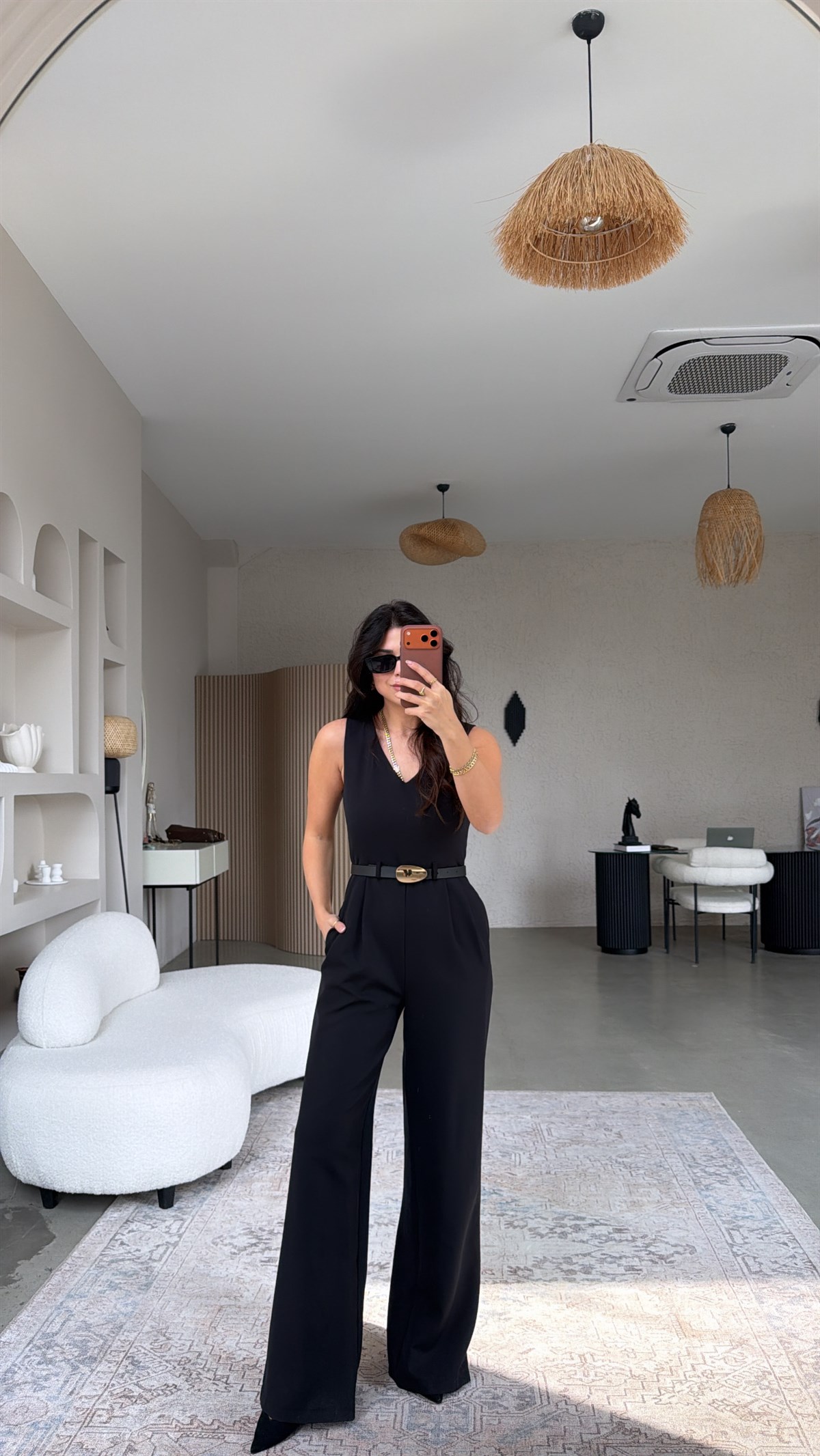 Siyah Premium Bol Paça Gold Kemerli Klasik Tulum