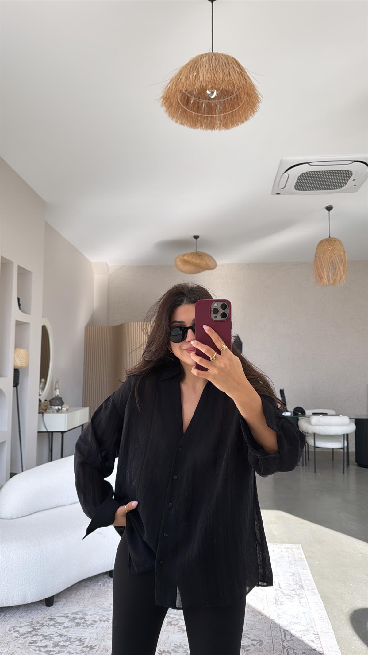 Siyah Premium Dokulu Gömlek