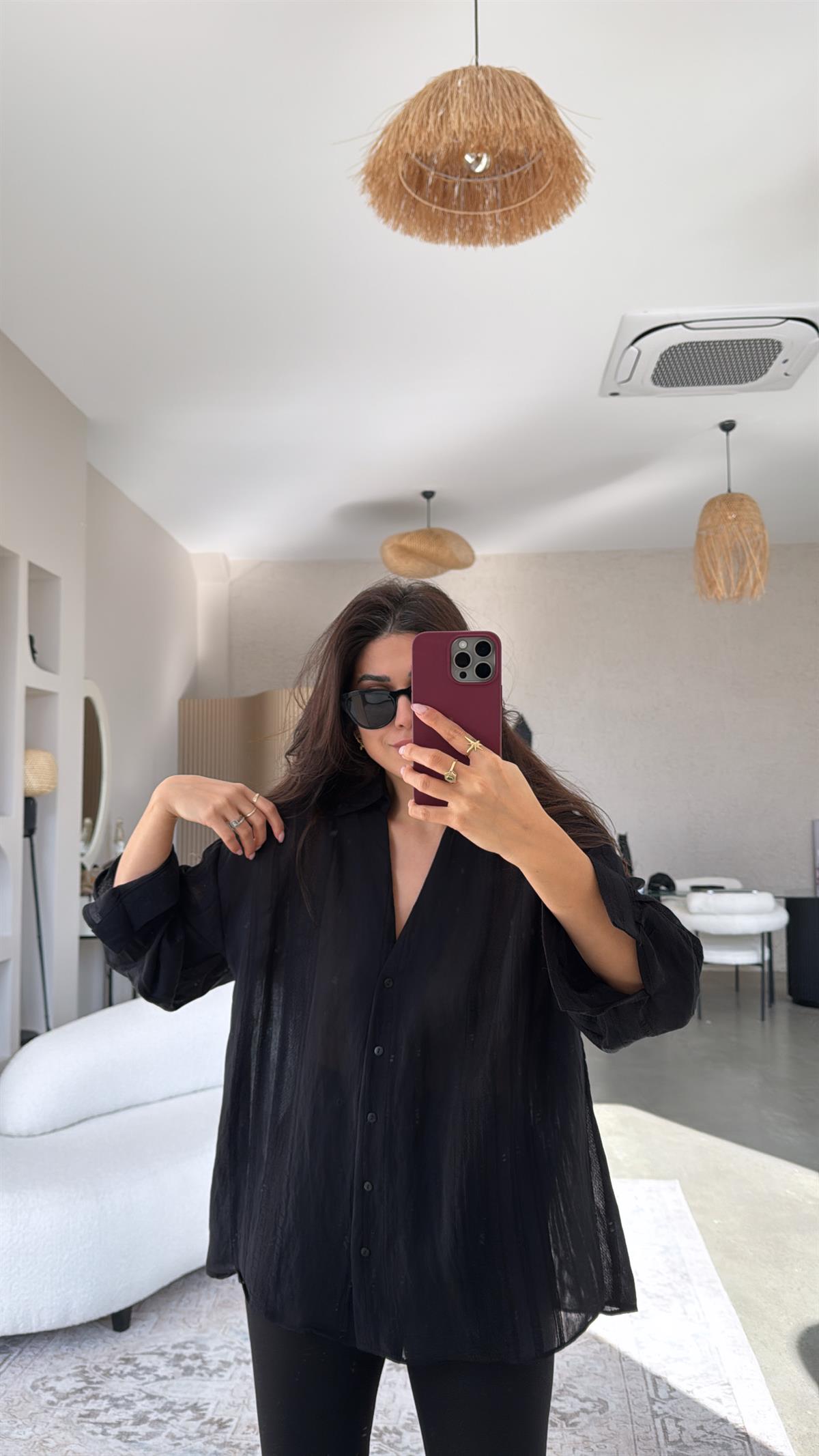 Siyah Premium Dokulu Gömlek