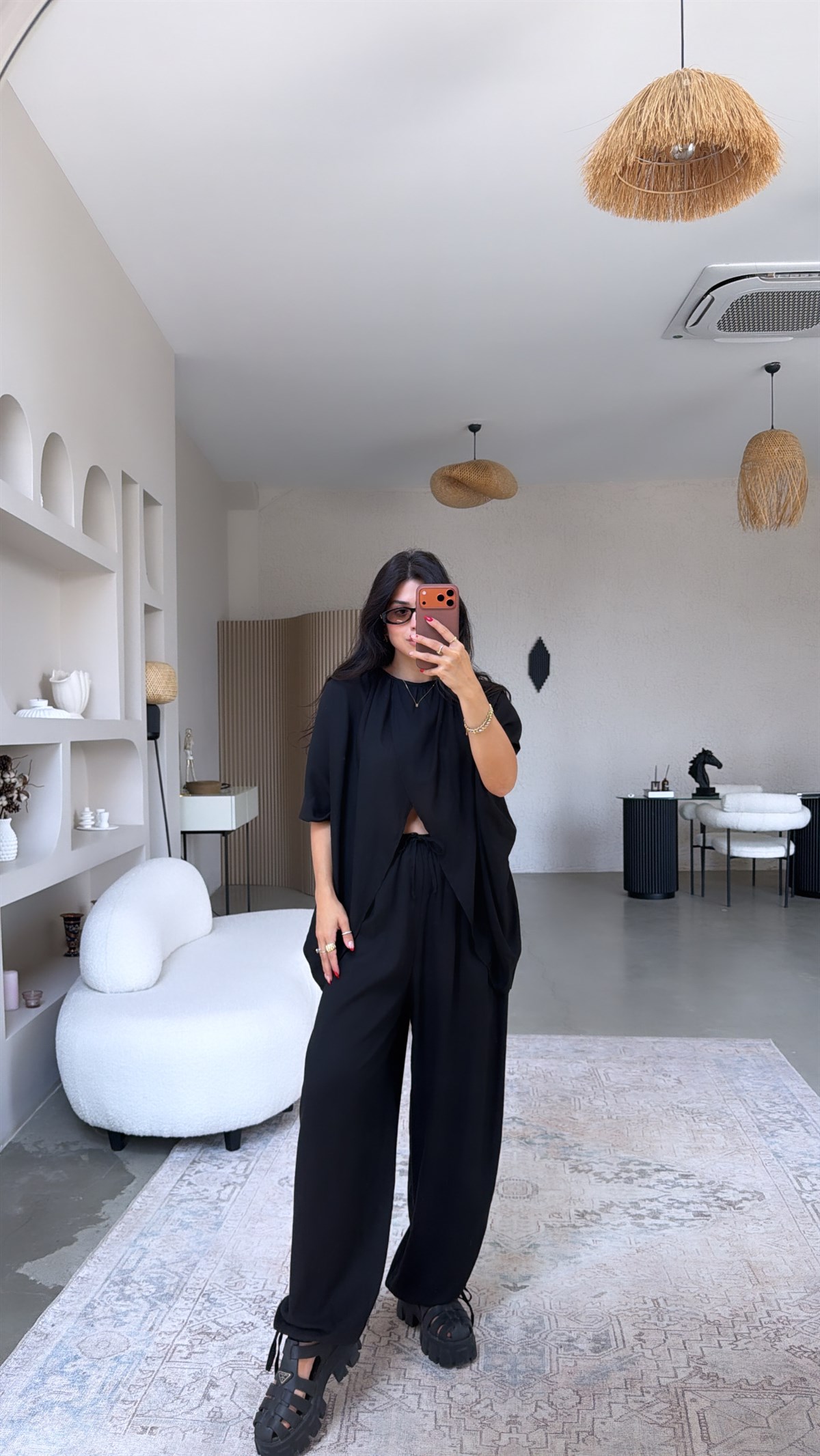 Siyah Premium Keten Kruvaze Bluz Pantolon Takım