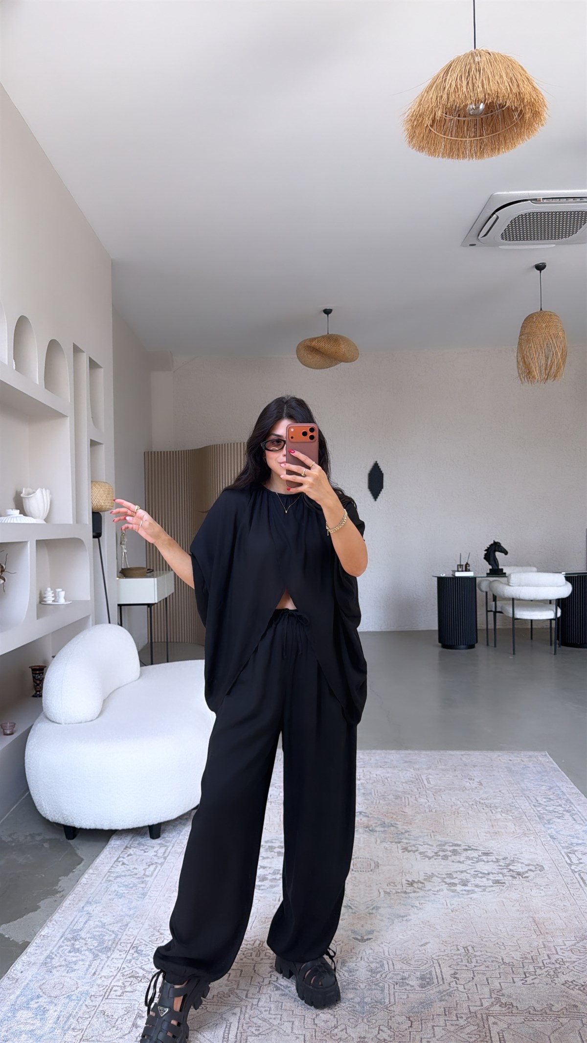Siyah Premium Keten Kruvaze Bluz Pantolon Takım
