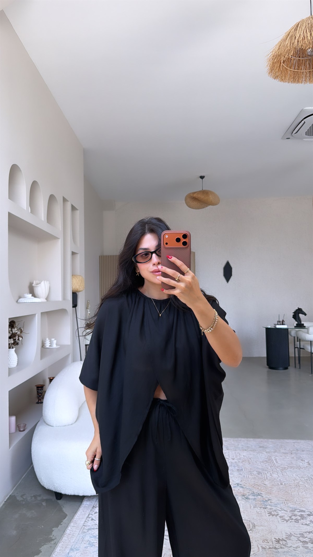 Siyah Premium Keten Kruvaze Bluz Pantolon Takım