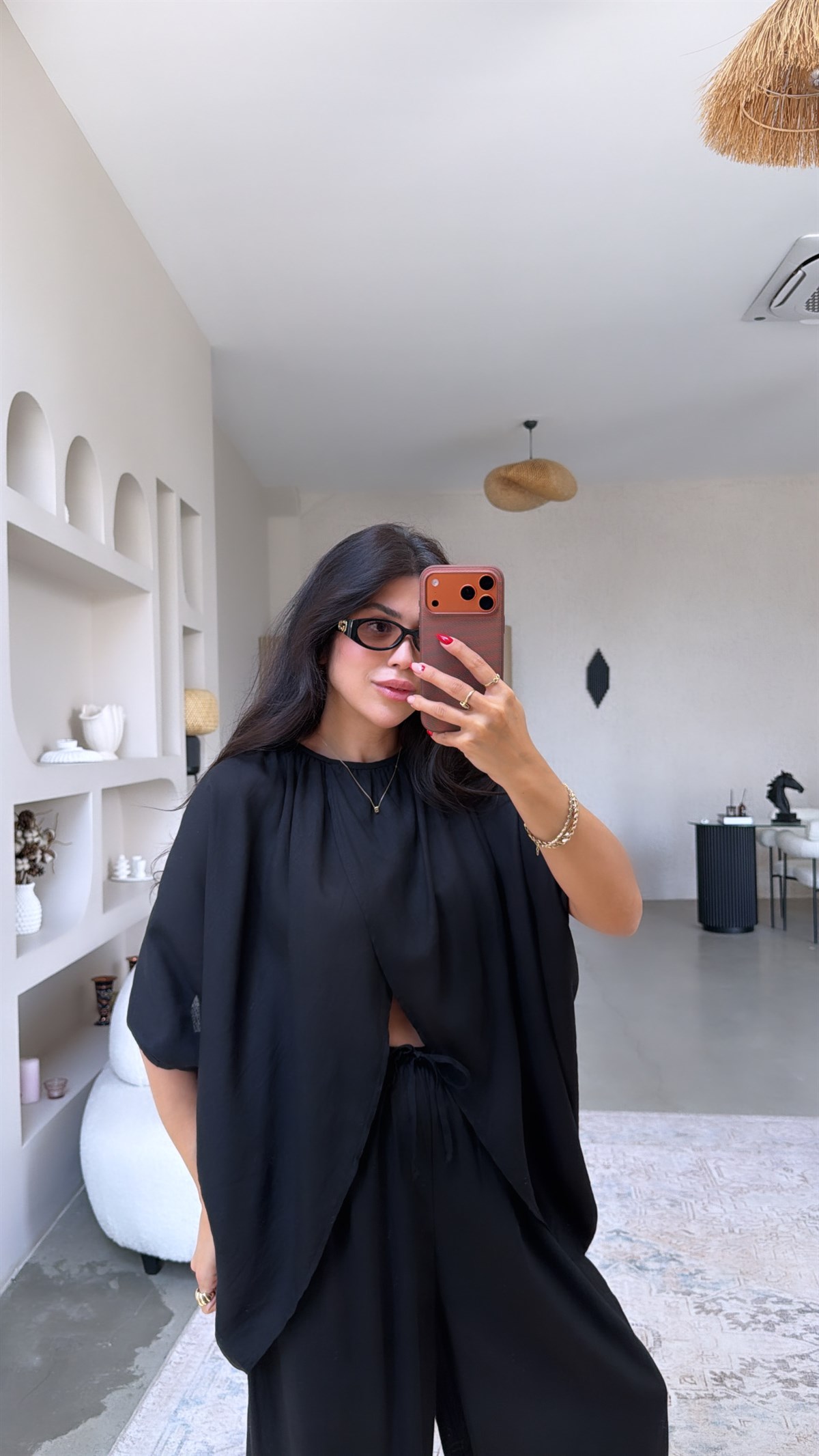 Siyah Premium Keten Kruvaze Bluz Pantolon Takım