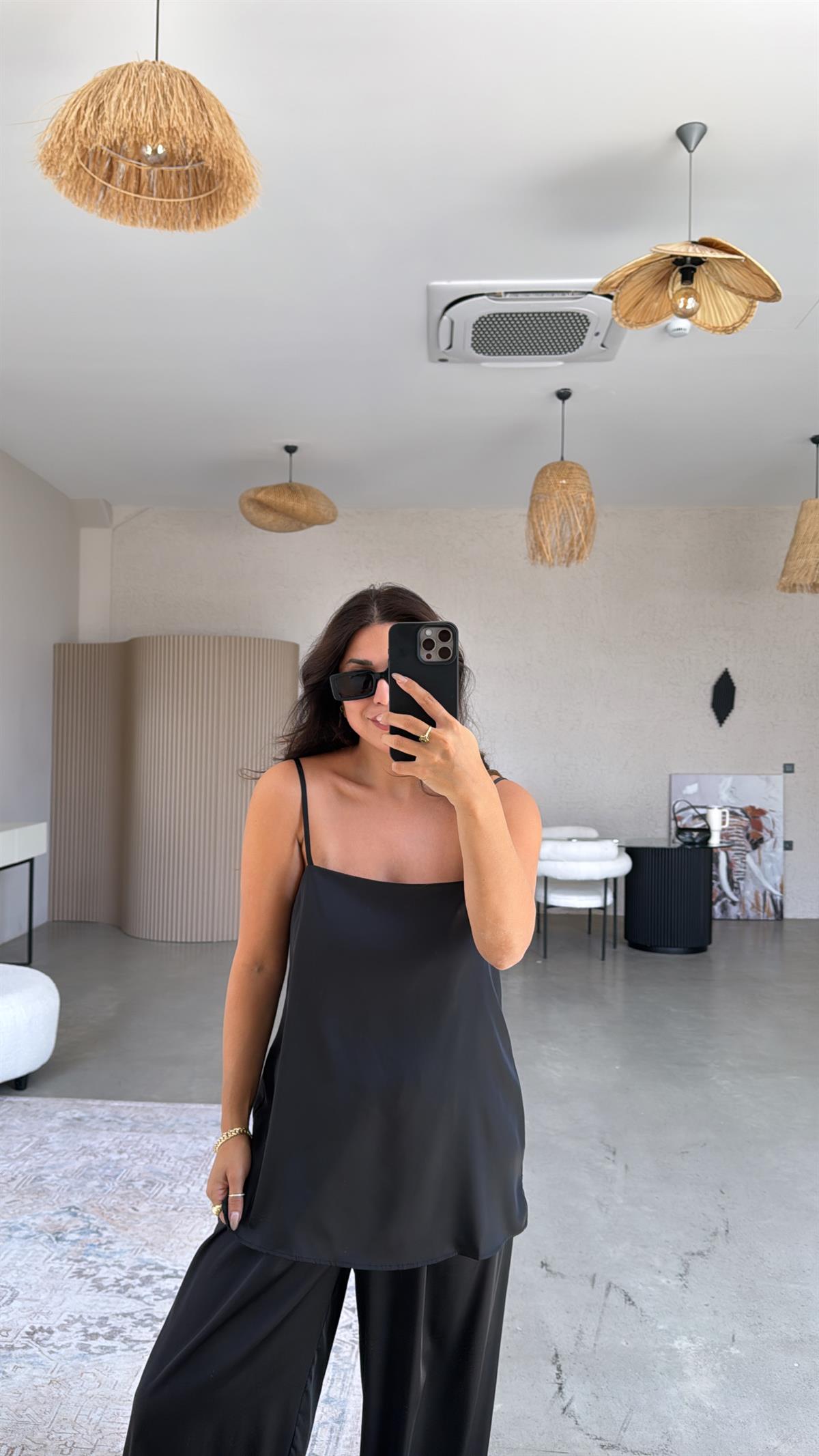 Siyah Premium Saten Şalvar Bluz Takım