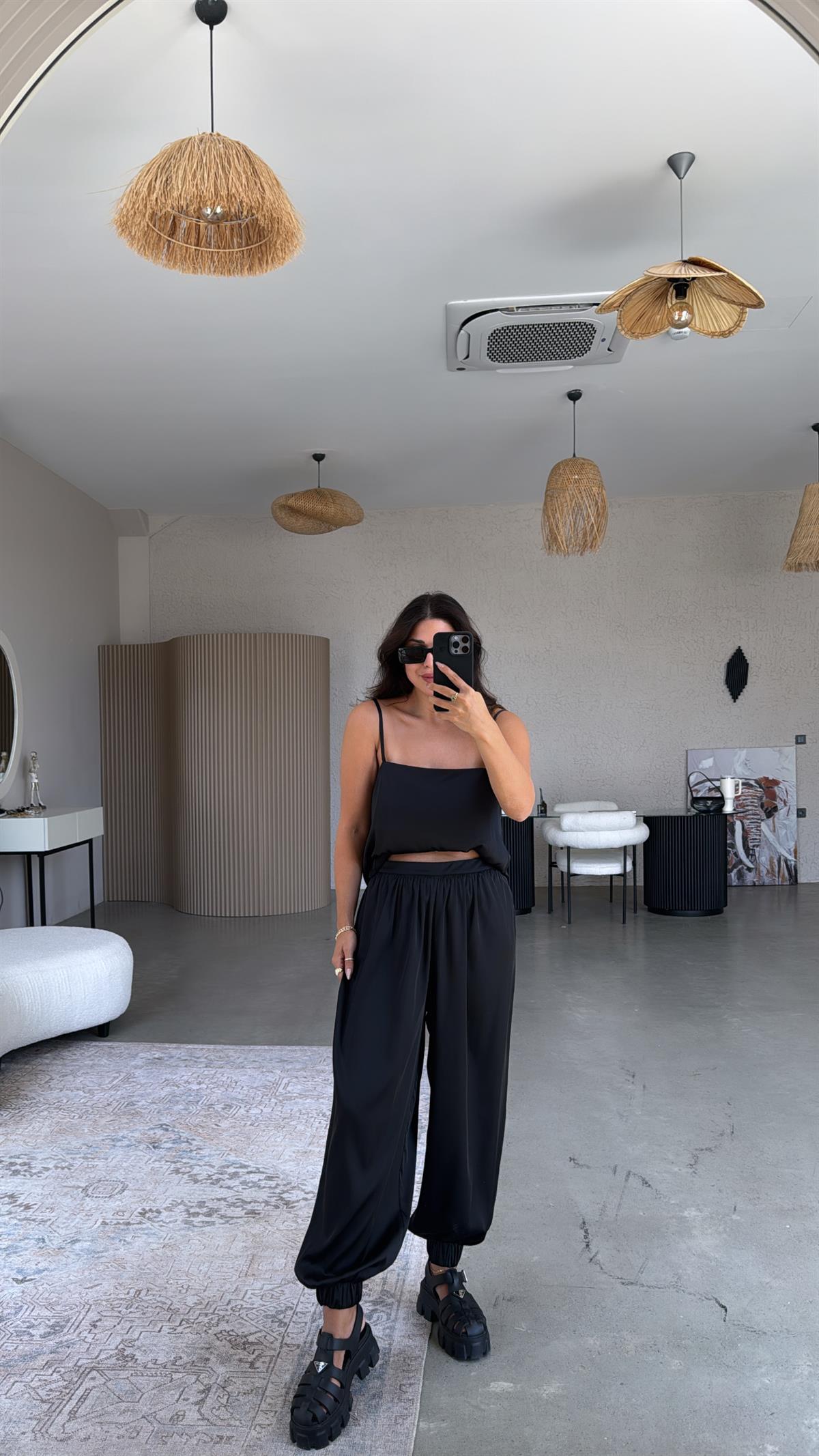 Siyah Premium Saten Şalvar Bluz Takım