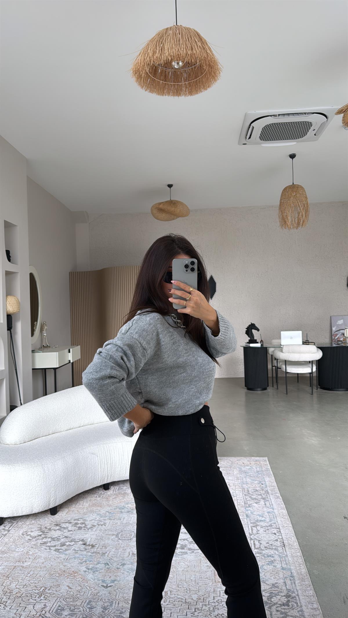 Siyah Push-up Bağcıklı Fermuarlı Tayt