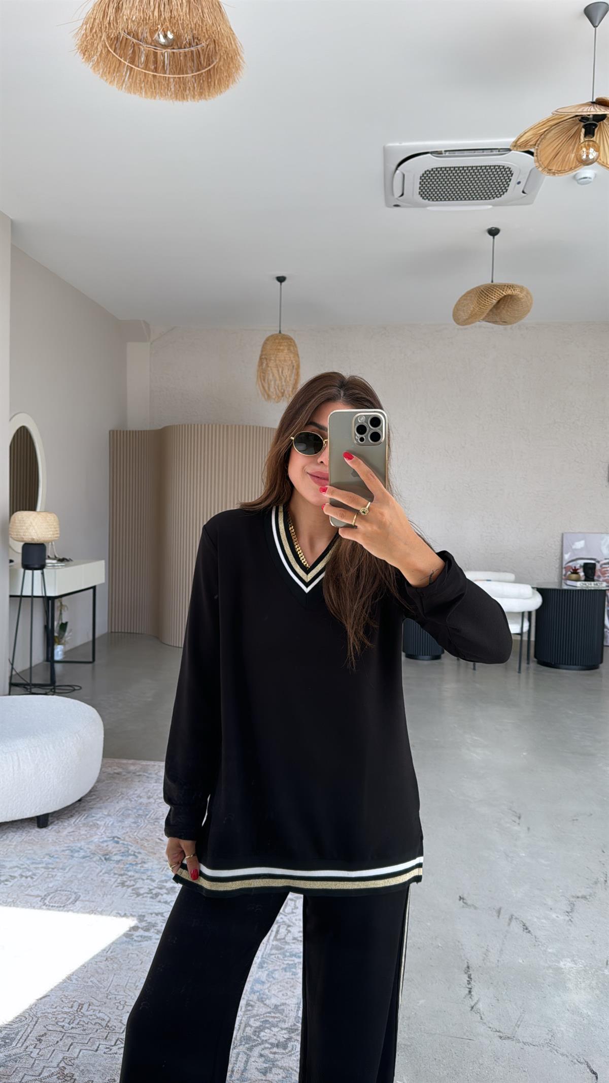 Siyah Ribana Şeritli Oys Kumaş Takım