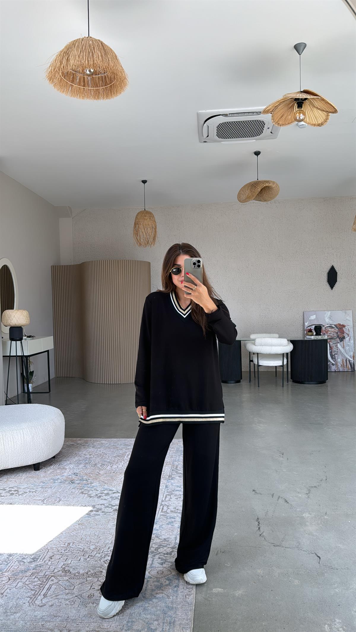 Siyah Ribana Şeritli Oys Kumaş Takım