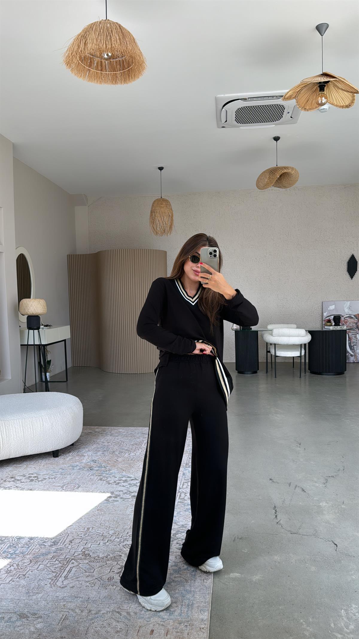 Siyah Ribana Şeritli Oys Kumaş Takım