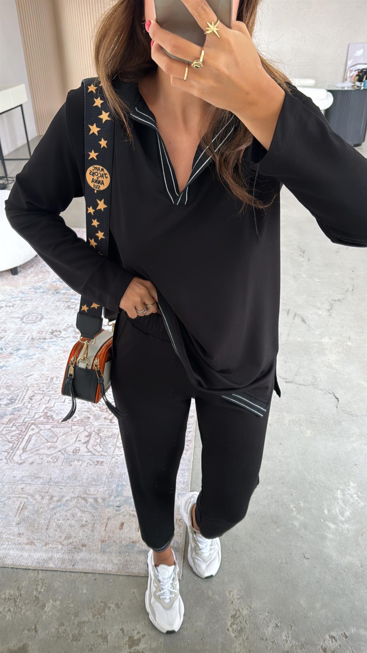 Siyah Ribanalı Polo Yaka Takım